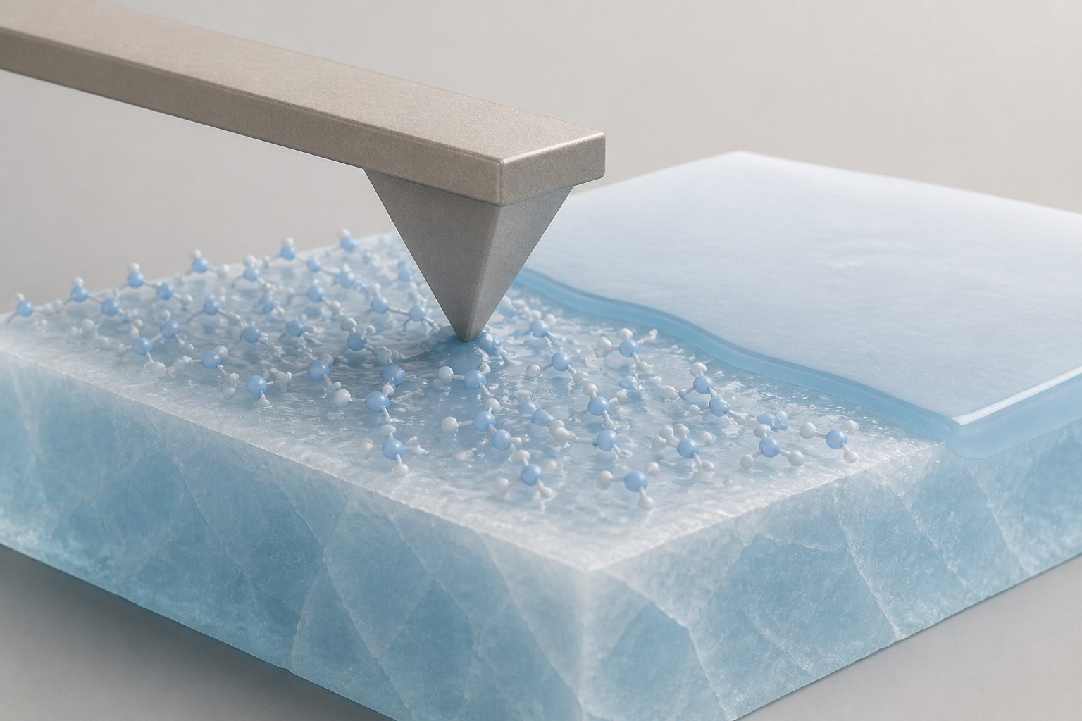 Abstract editorial illustration accompanying the article: Loosely arranged water helps ice stay slippery, while a coating lowers friction further