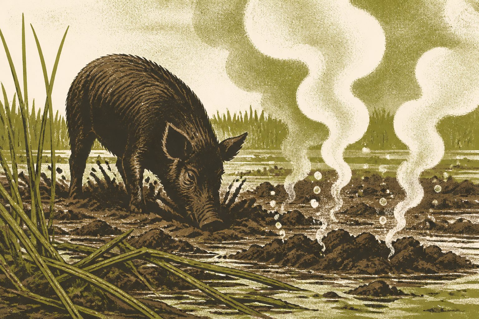 Abstract editorial illustration accompanying the article: After feral pigs disturb wetlands, methane emissions rise