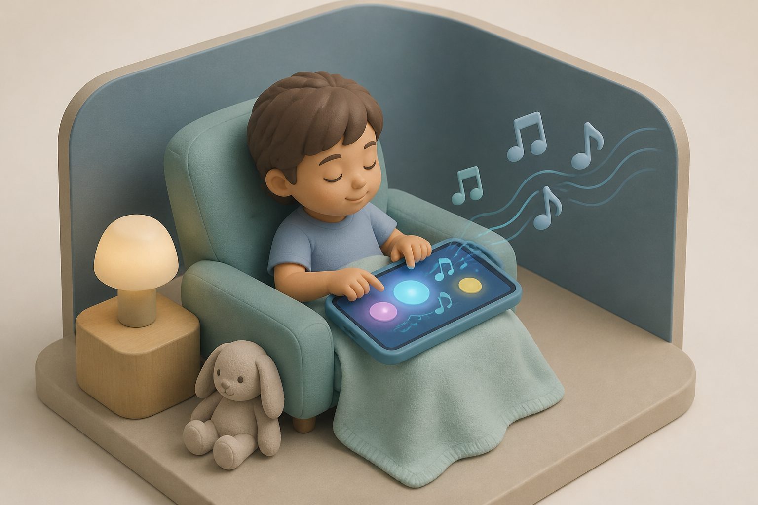 Abstract editorial illustration accompanying the article: Interactive music tablet eases anxiety in children before surgery
