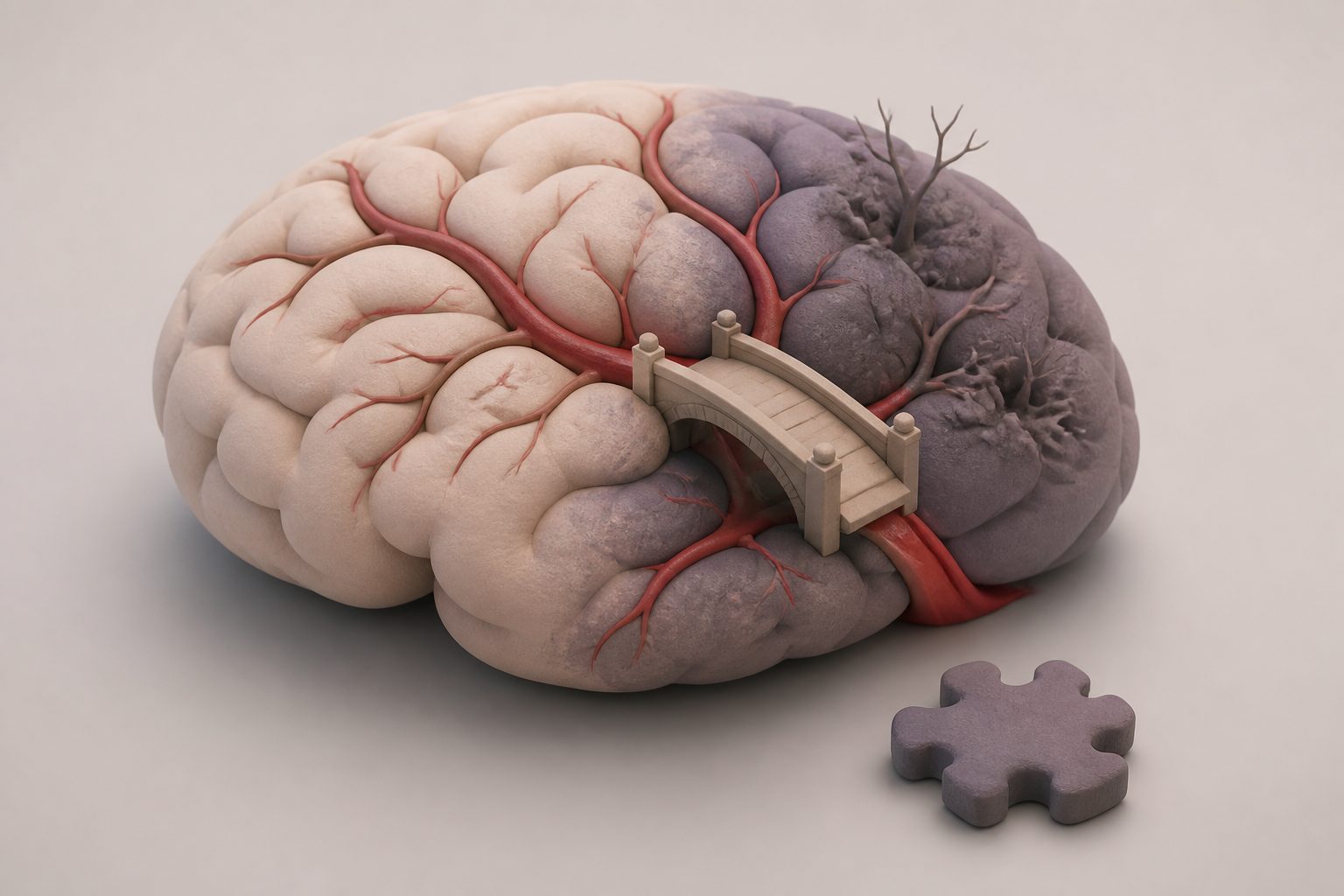 Abstract editorial illustration accompanying the article: Review finds small short-term cognitive effects in vascular dementia