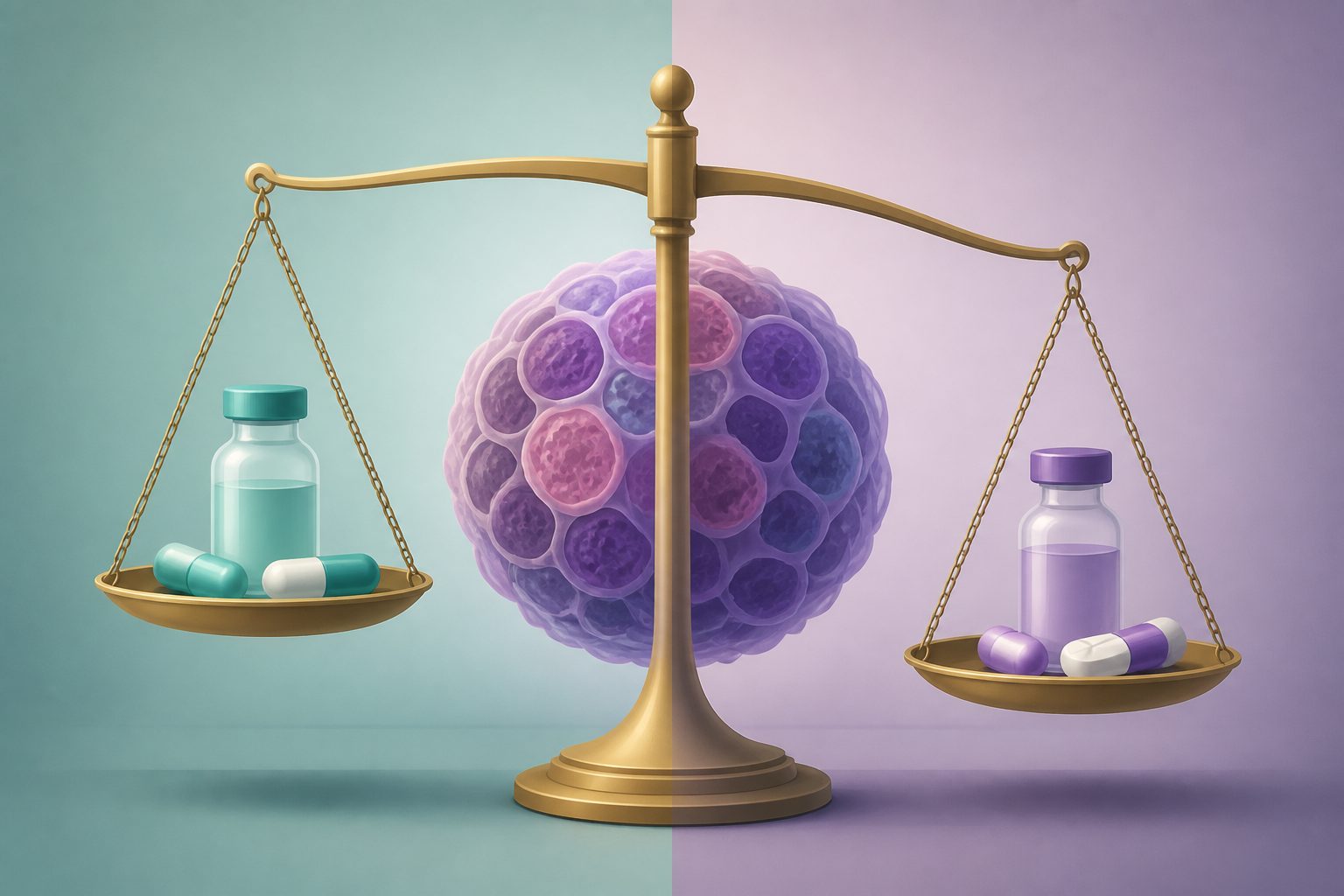 Abstract editorial illustration accompanying the article: Review compares first treatments for a rare lymphoma, with mixed results