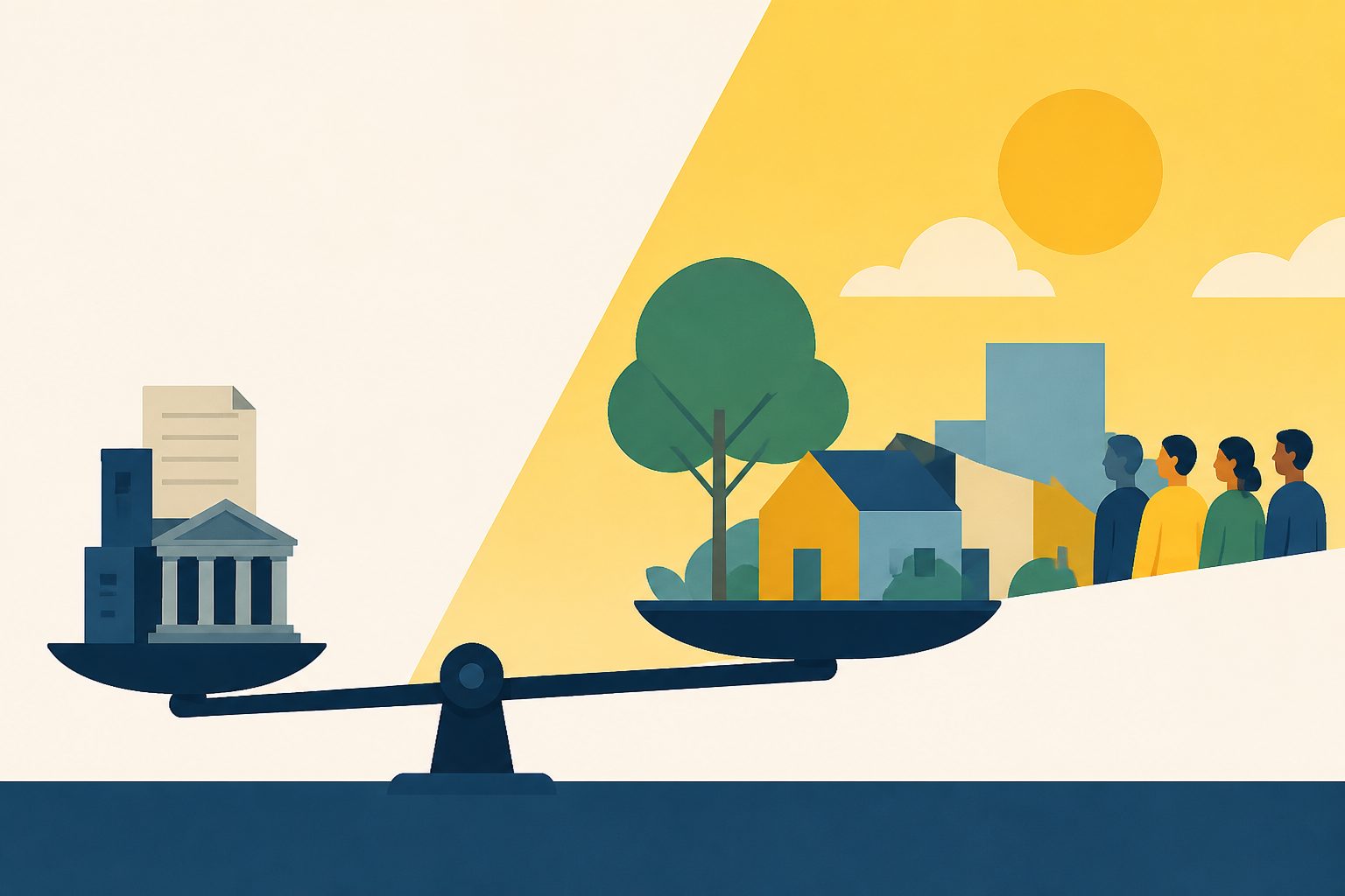 Abstract editorial illustration accompanying the article: Local trust is tied more to results than formal rules, review finds