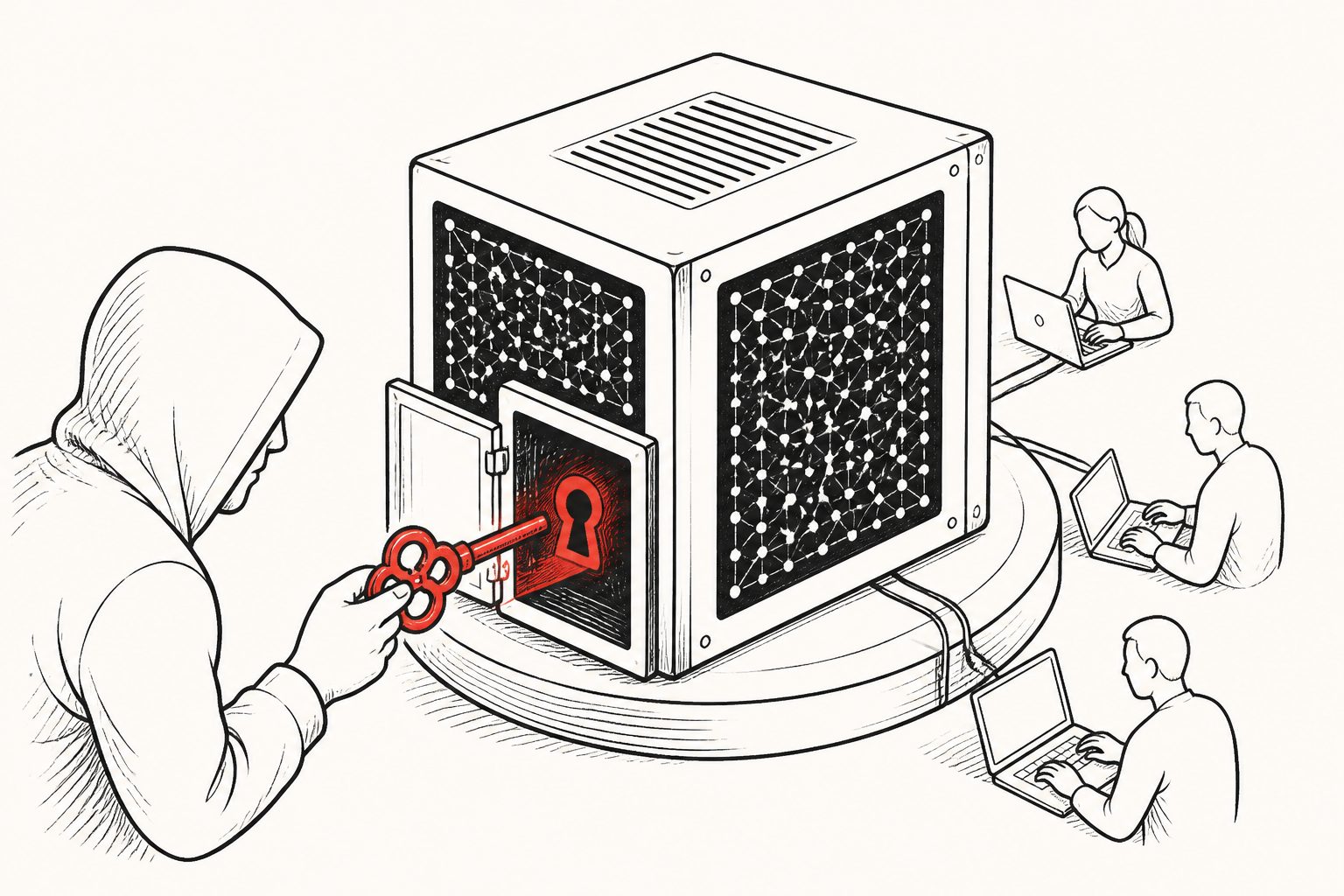 Abstract editorial illustration accompanying the article: An attack tailored to shared AI systems made backdoors more effective
