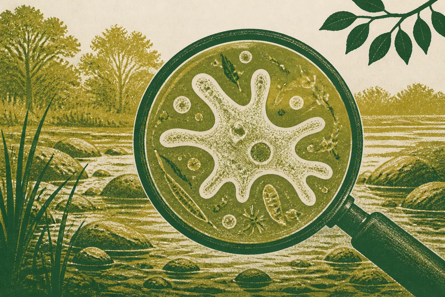 Abstract editorial illustration accompanying the article: A new freshwater amoeba from Ghana points to hidden species diversity