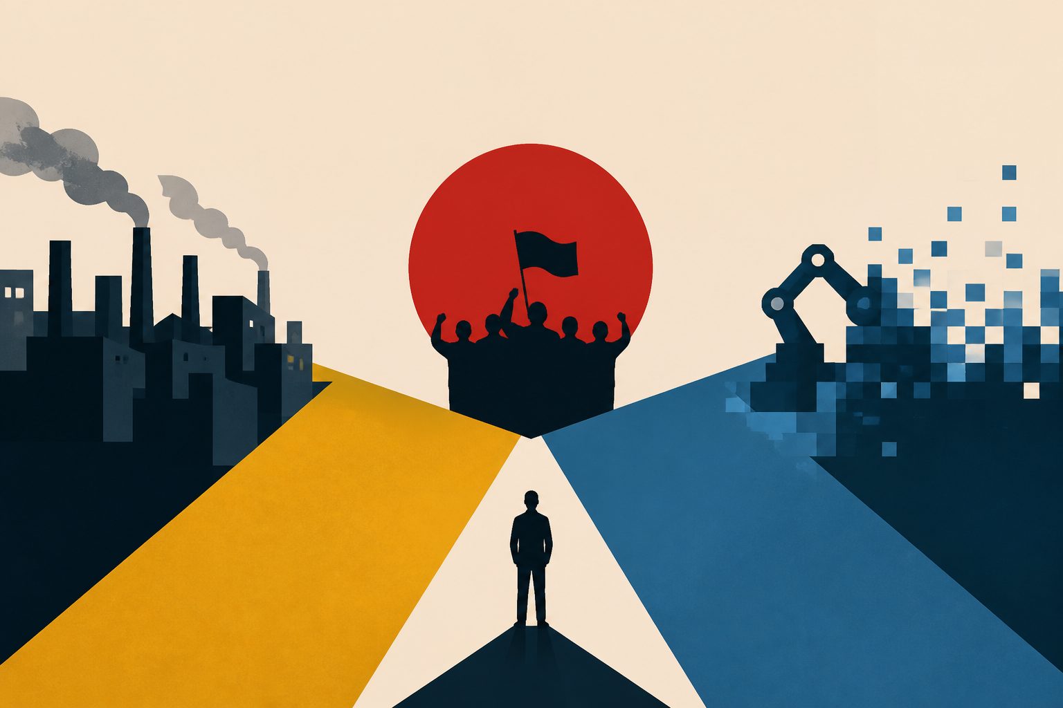 Abstract editorial illustration accompanying the article: Economic and technology fears take different paths to support for political violence