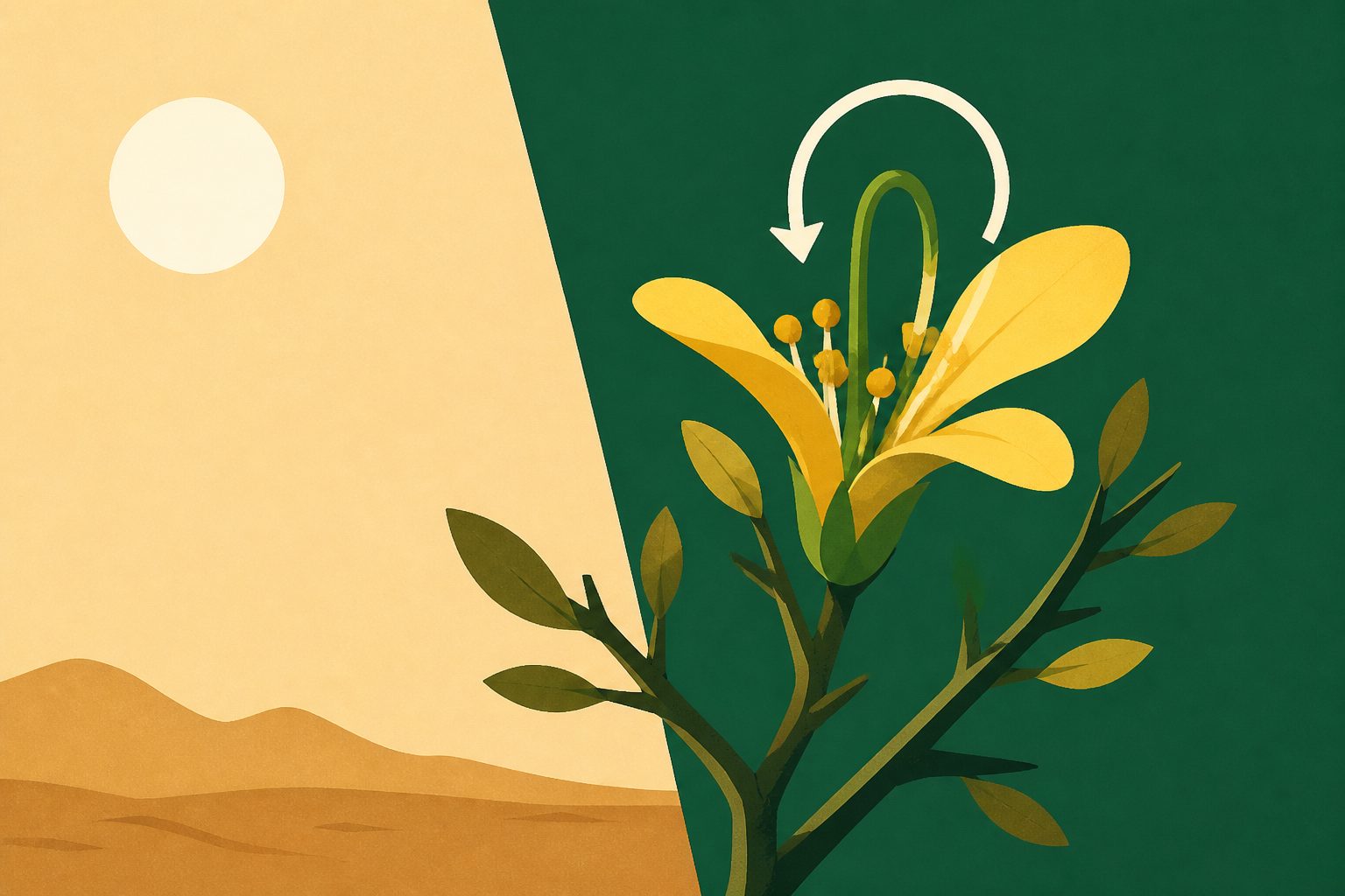 Abstract editorial illustration accompanying the article: A Mexican shrub can fertilize itself when dry-season pollinators are scarce