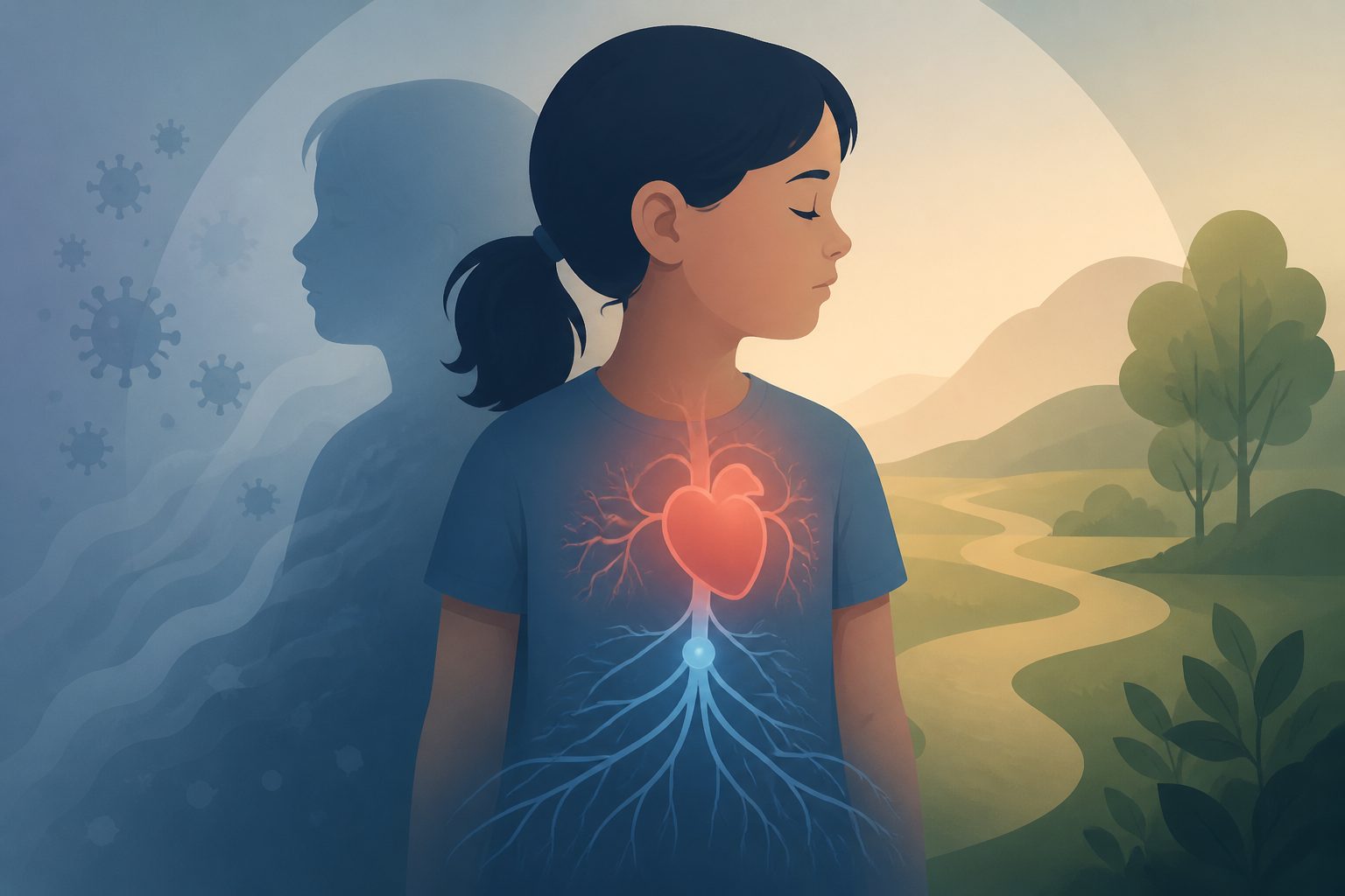Abstract editorial illustration accompanying the article: Review examines lasting heart and autonomic problems after COVID-19 in children