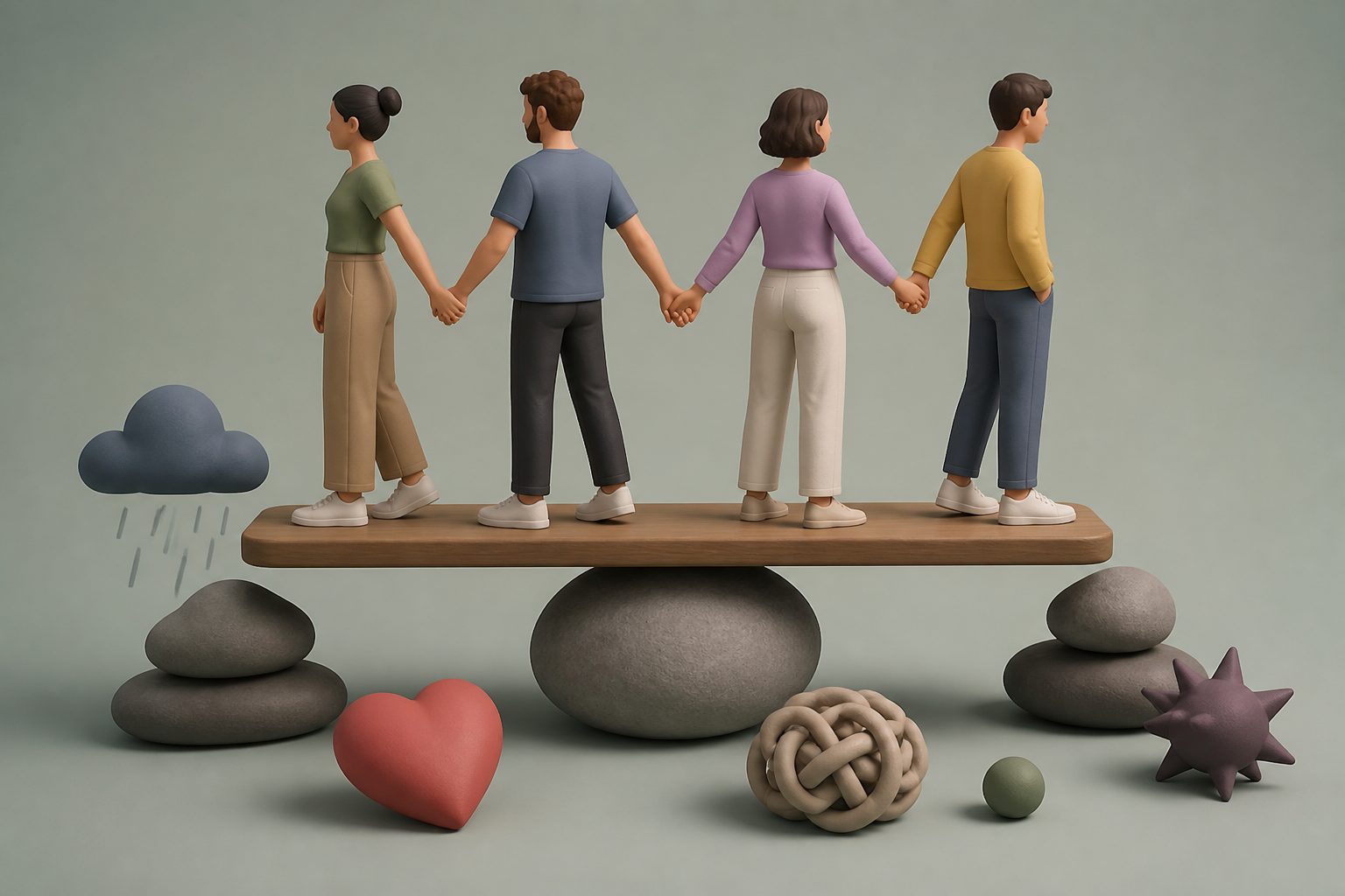 Abstract editorial illustration accompanying the article: Polyamorous relationships bring familiar challenges—and some extra pressures