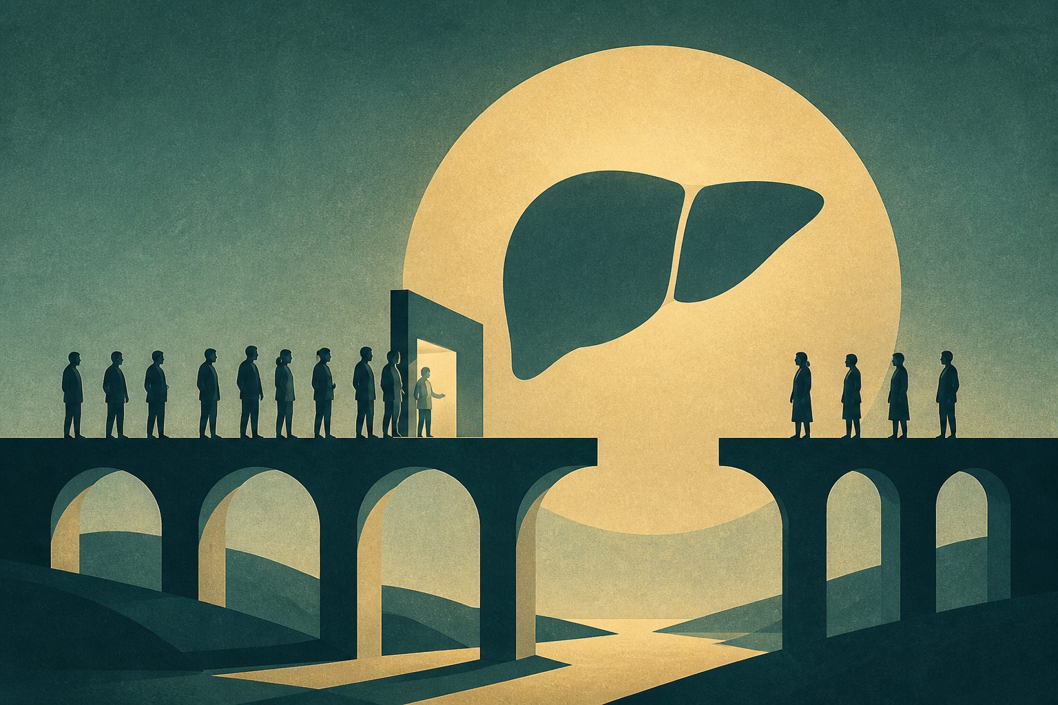 Abstract editorial illustration accompanying the article: Review finds uneven hepatitis testing and treatment access in eight European countries