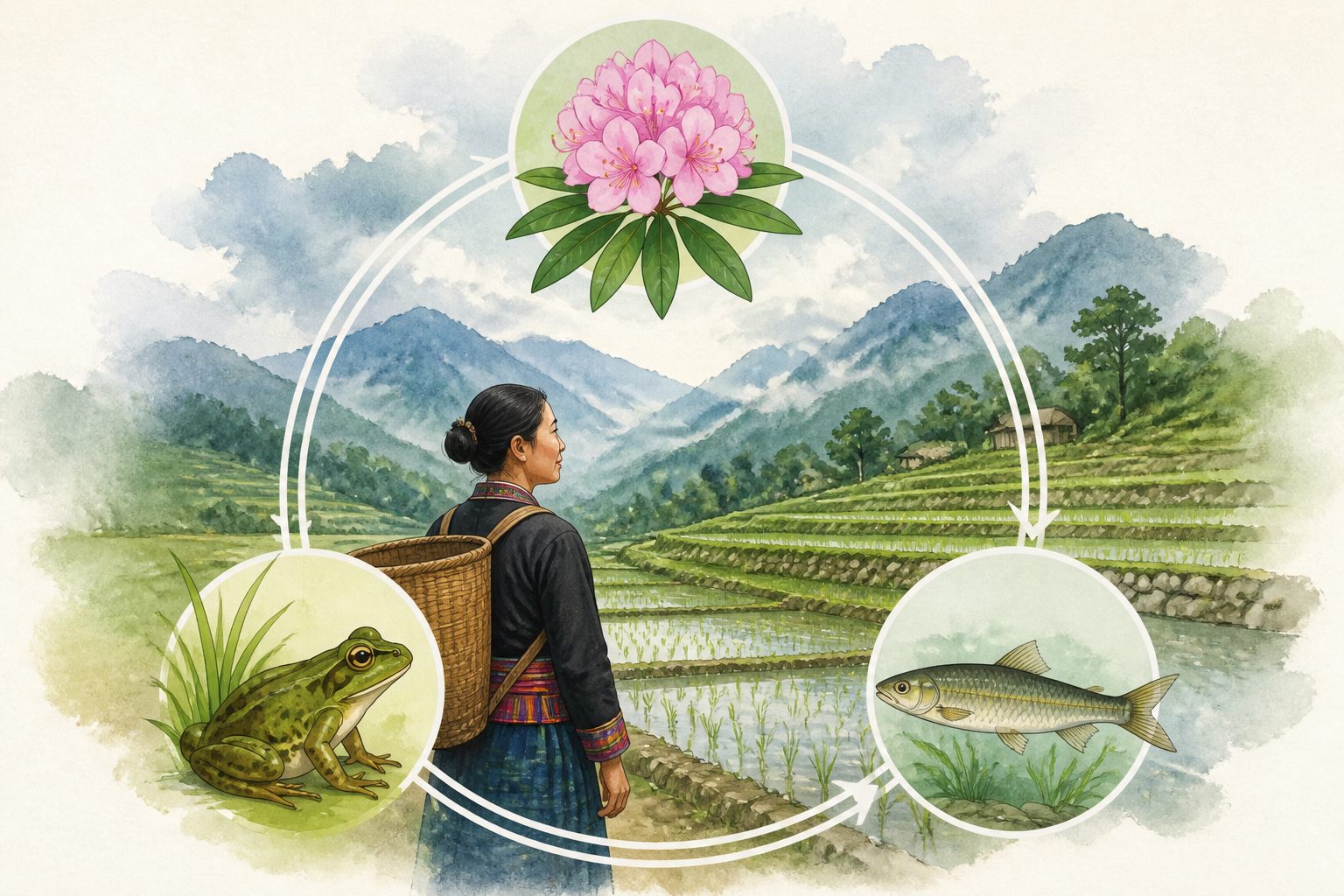 Abstract editorial illustration accompanying the article: For Lepcha farmers, flowers, frogs and fish help mark the farming year