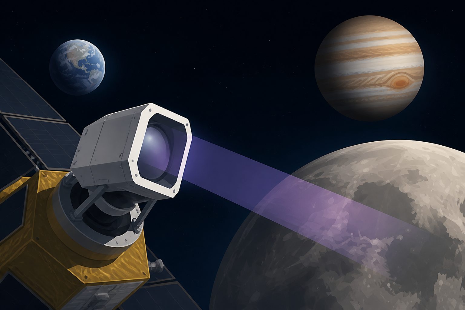 Abstract editorial illustration accompanying the article: A Jupiter-bound spacecraft’s instrument passes its Earth-Moon test