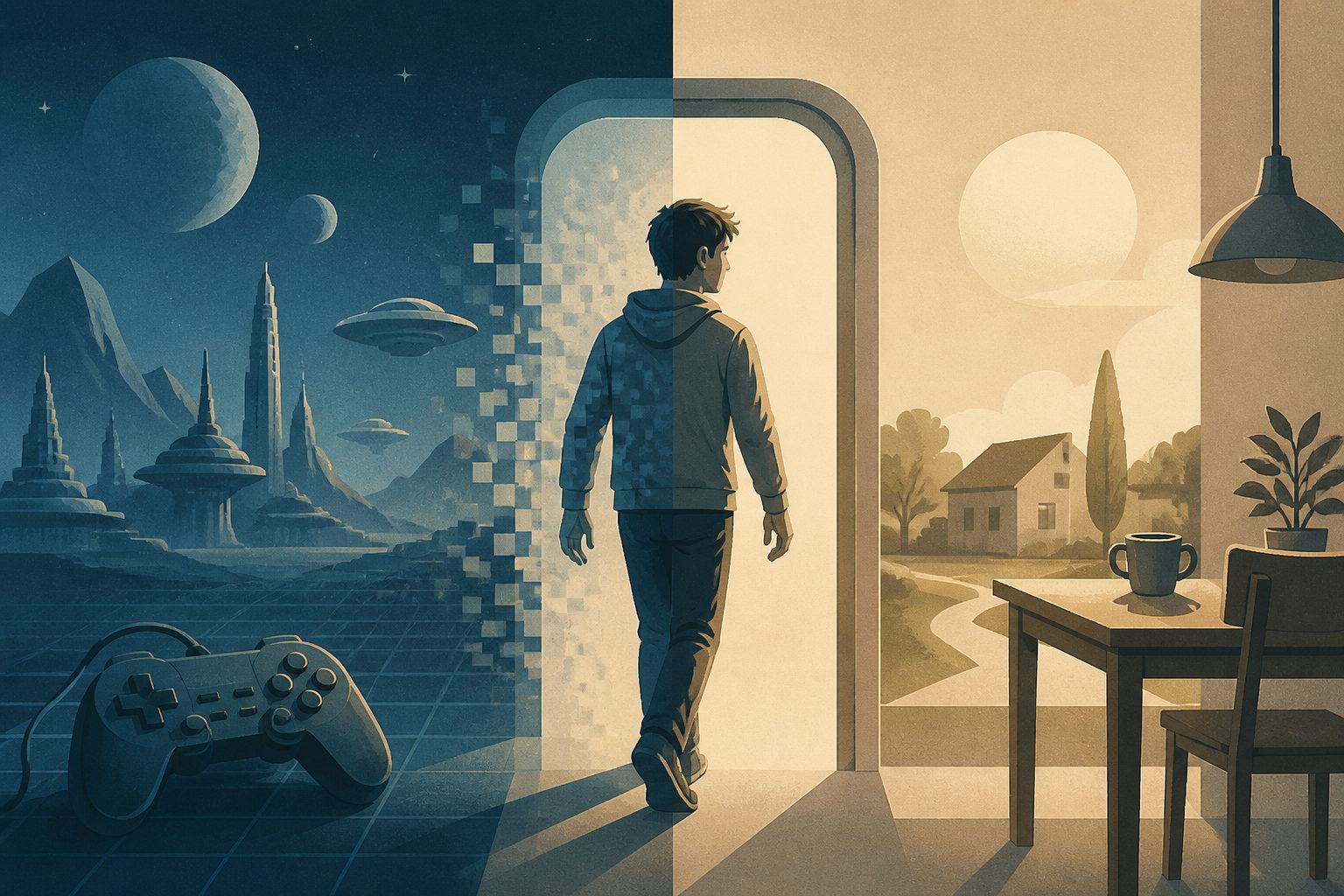 Abstract editorial illustration accompanying the article: How gamers return to daily life may distinguish healthy from problematic play