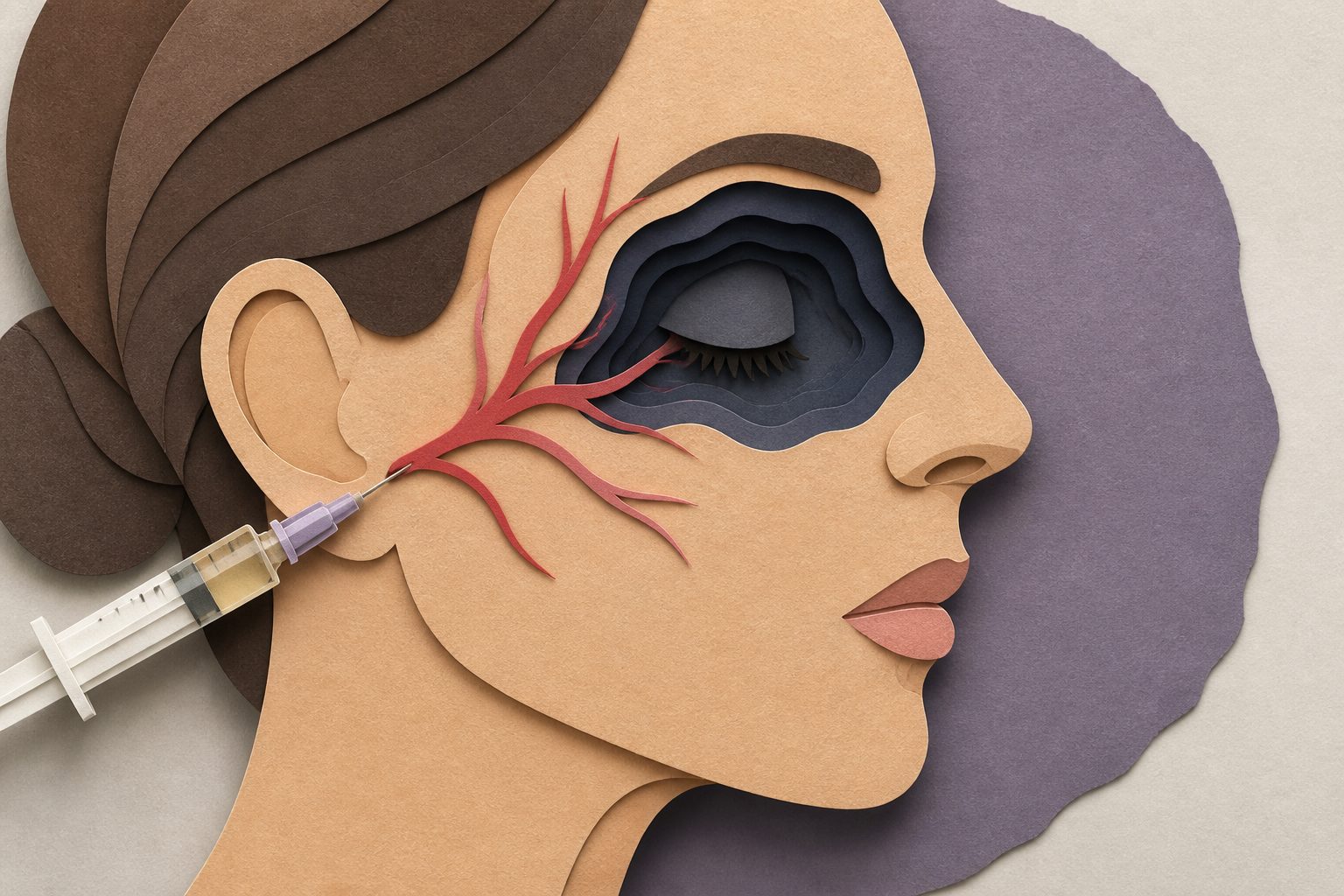 Abstract editorial illustration accompanying the article: Review finds reported facial filler complications often involved lasting vision loss