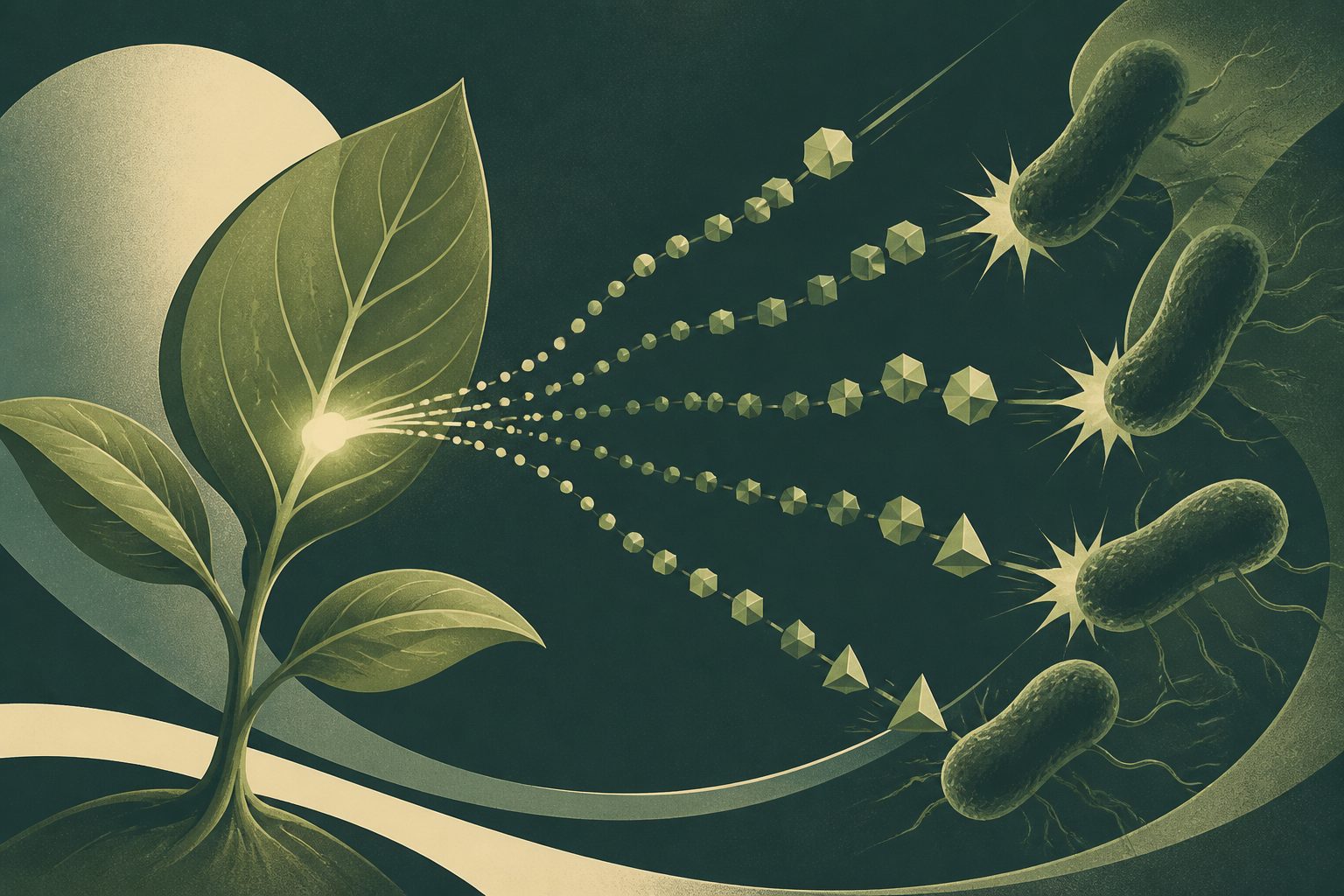 Abstract editorial illustration accompanying the article: Plant defense genes that make tiny genetic signals rapidly diversify