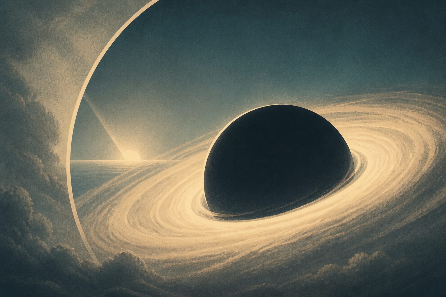 Abstract editorial illustration accompanying the article: A model suggests the first black holes may have started far larger