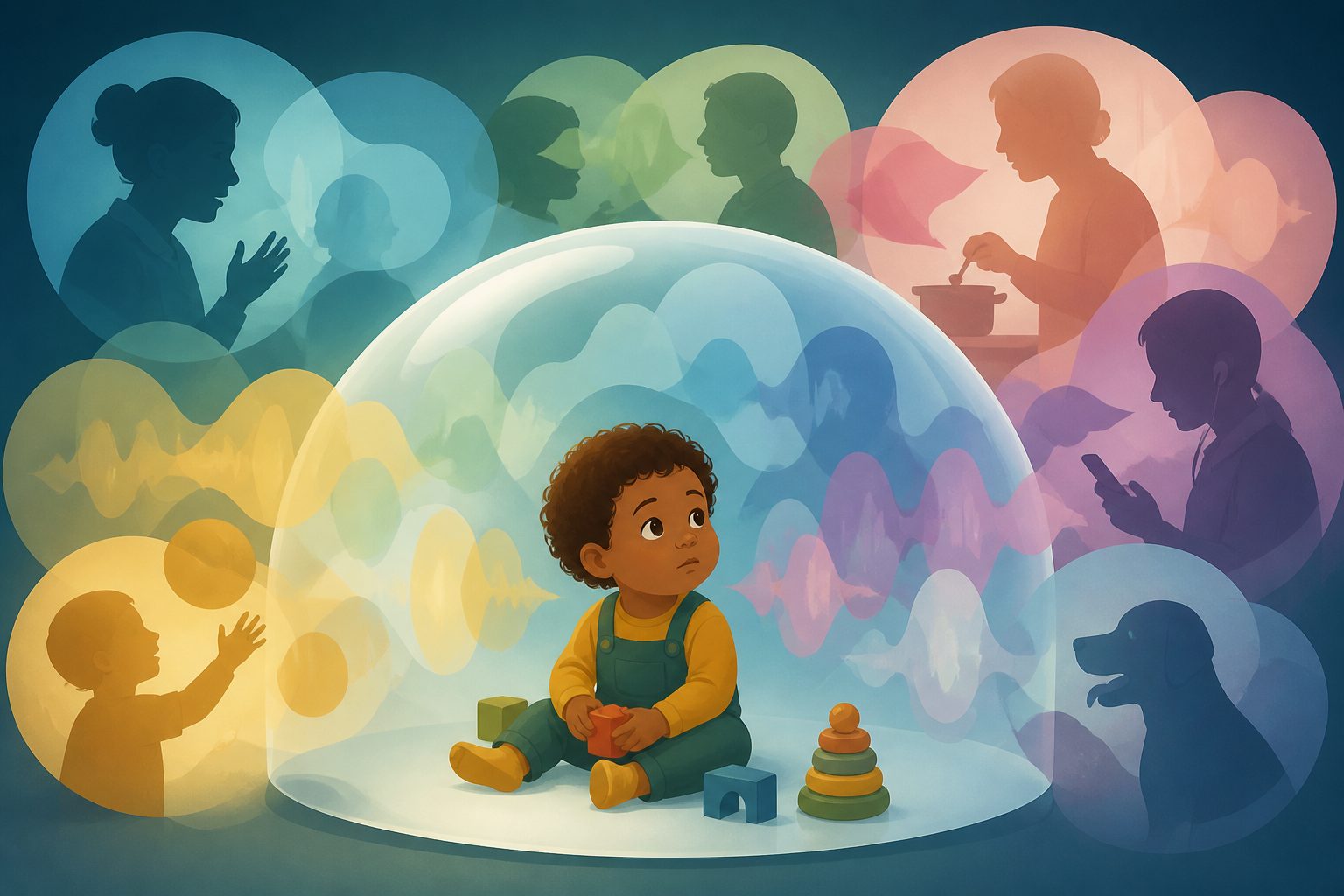 Abstract editorial illustration accompanying the article: Full-day recordings show how hard it is to measure young children’s language worlds