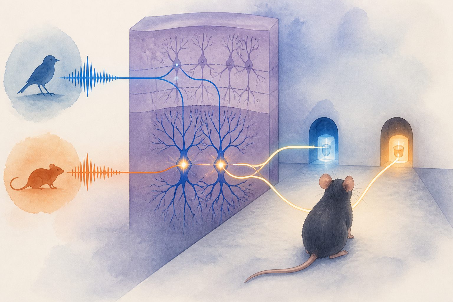 Abstract editorial illustration accompanying the article: Deep-layer neurons in mice link sound categories to choices