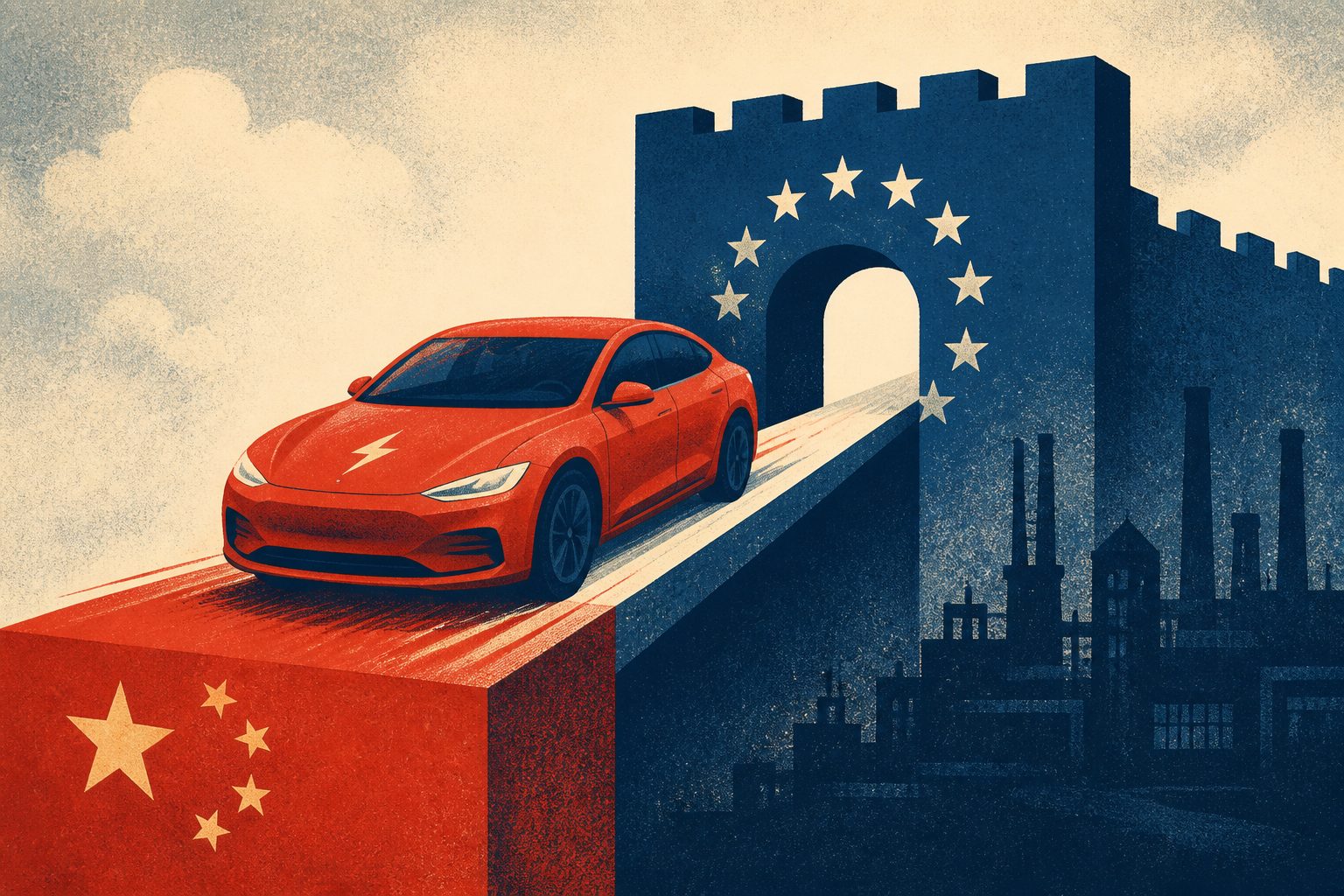 Abstract editorial illustration accompanying the article: China’s electric-car push puts Europe’s industrial strategy to the test