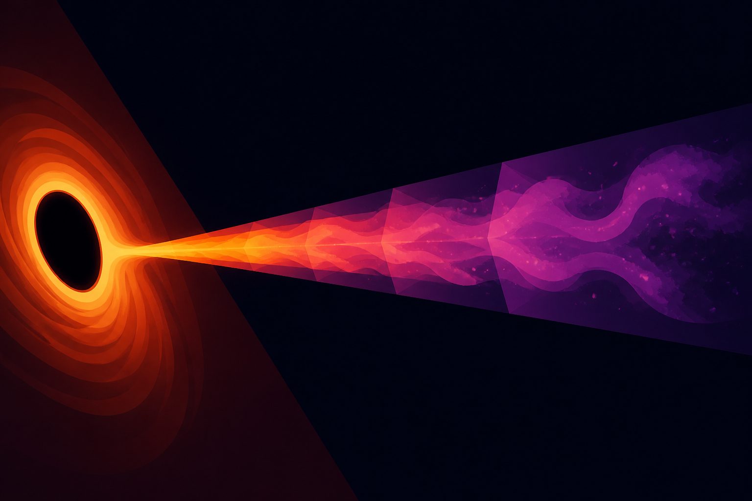 Abstract editorial illustration accompanying the article: AI tracks plasma moving through changing black-hole jets