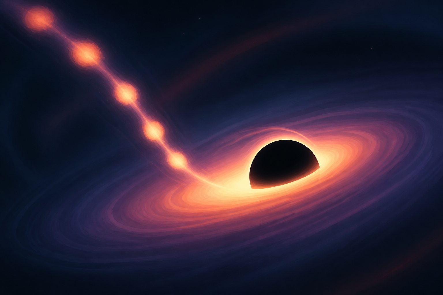 Abstract editorial illustration accompanying the article: Short feeding bursts may explain massive early black holes