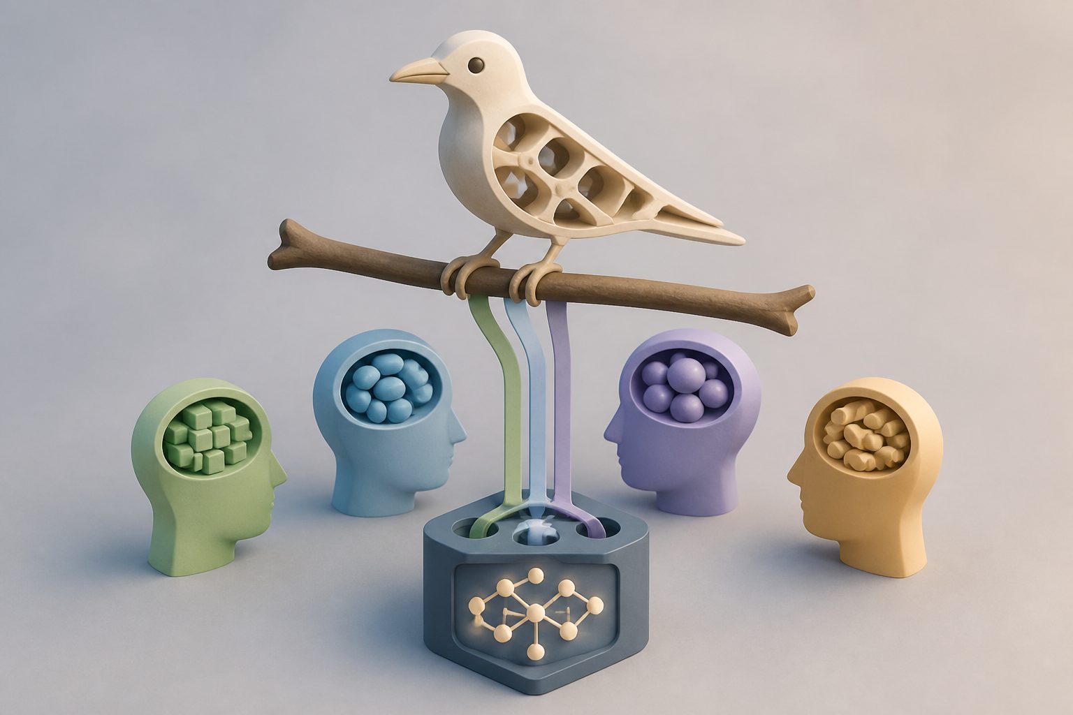 Abstract editorial illustration accompanying the article: Why “Birds have hollow bones” can teach broad facts despite different interpretations
