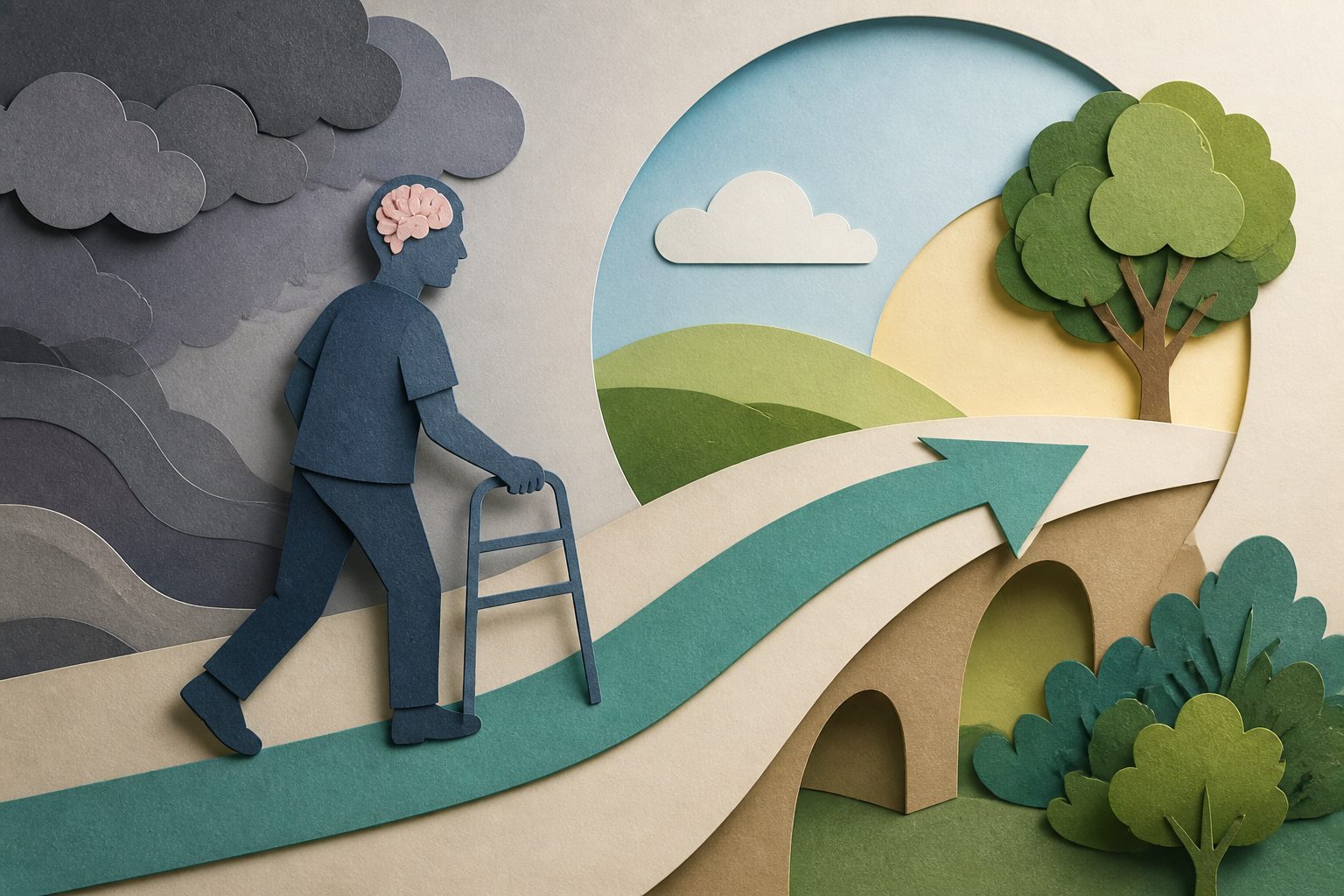 Abstract editorial illustration accompanying the article: New stroke rehabilitation guideline updates recommendations for recovery
