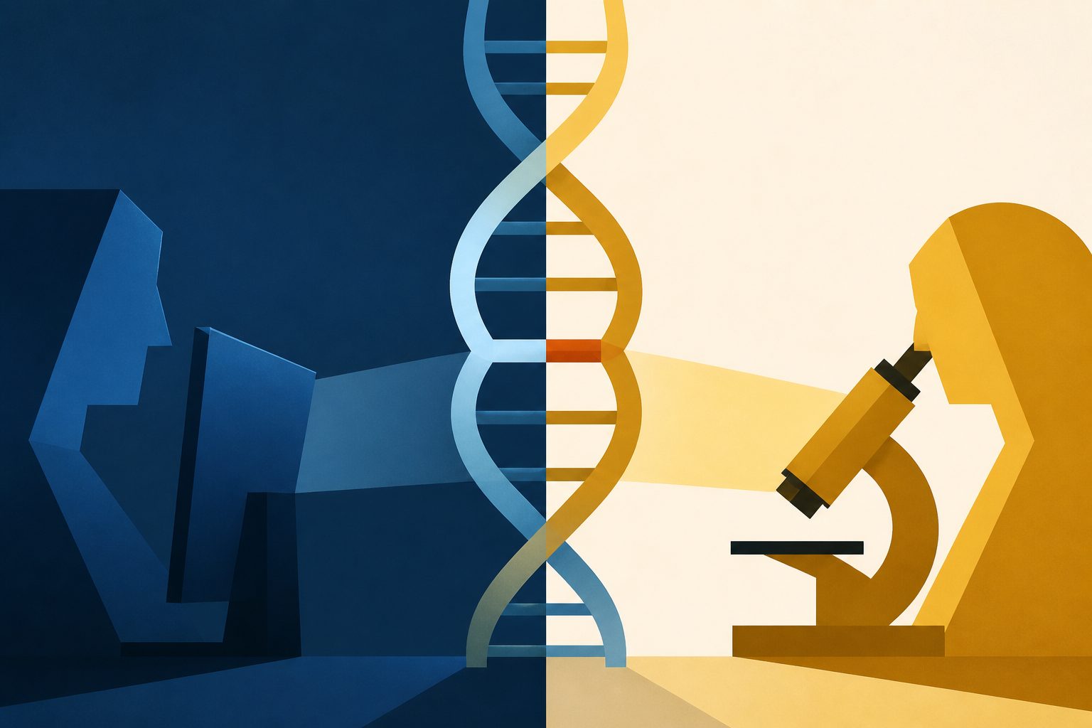 Abstract editorial illustration accompanying the article: Why genetic prediction tools and lab tests disagree about DNA changes