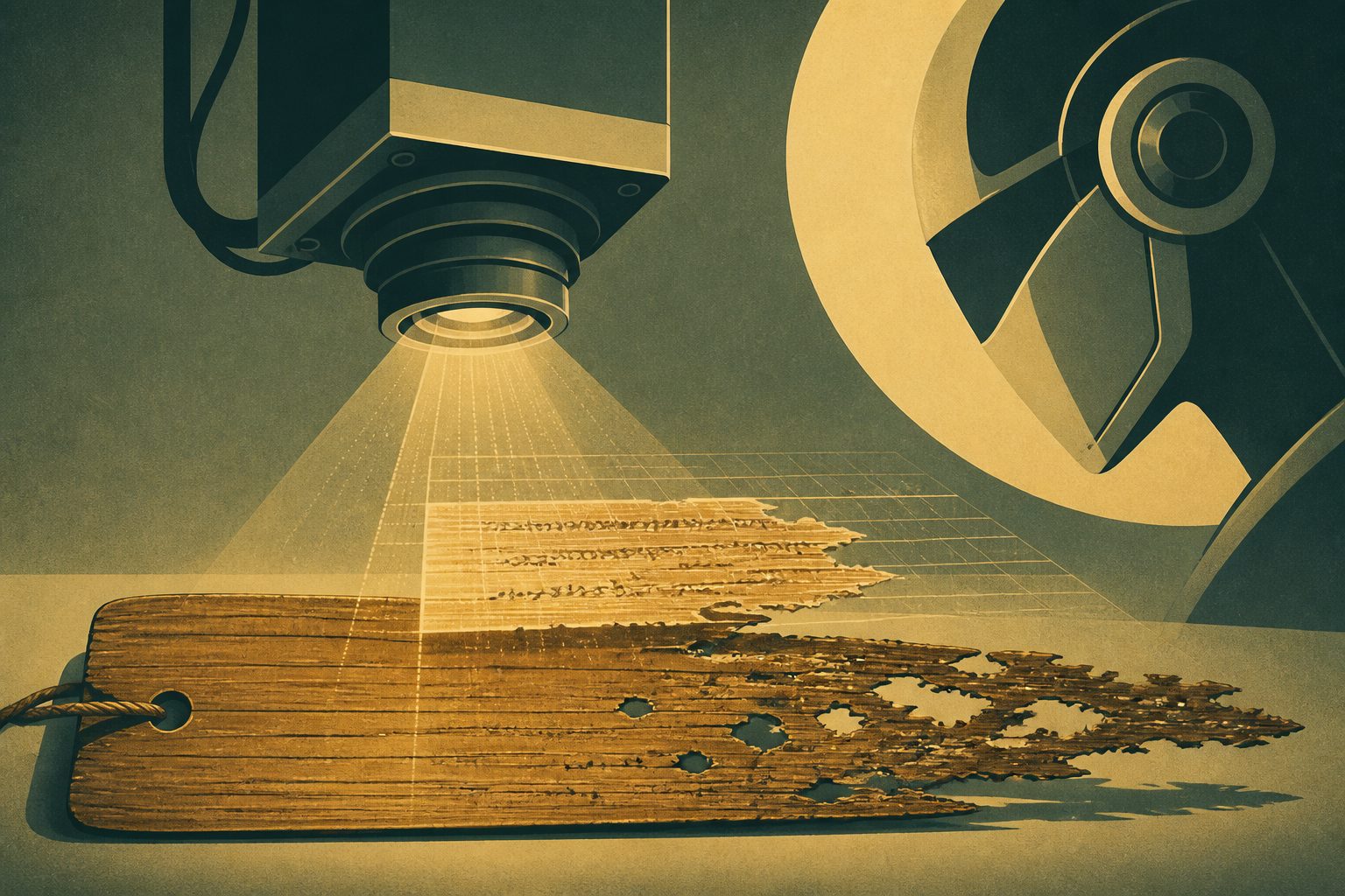 Abstract editorial illustration accompanying the article: AI recognizes writing on severely damaged South Indian palm leaves