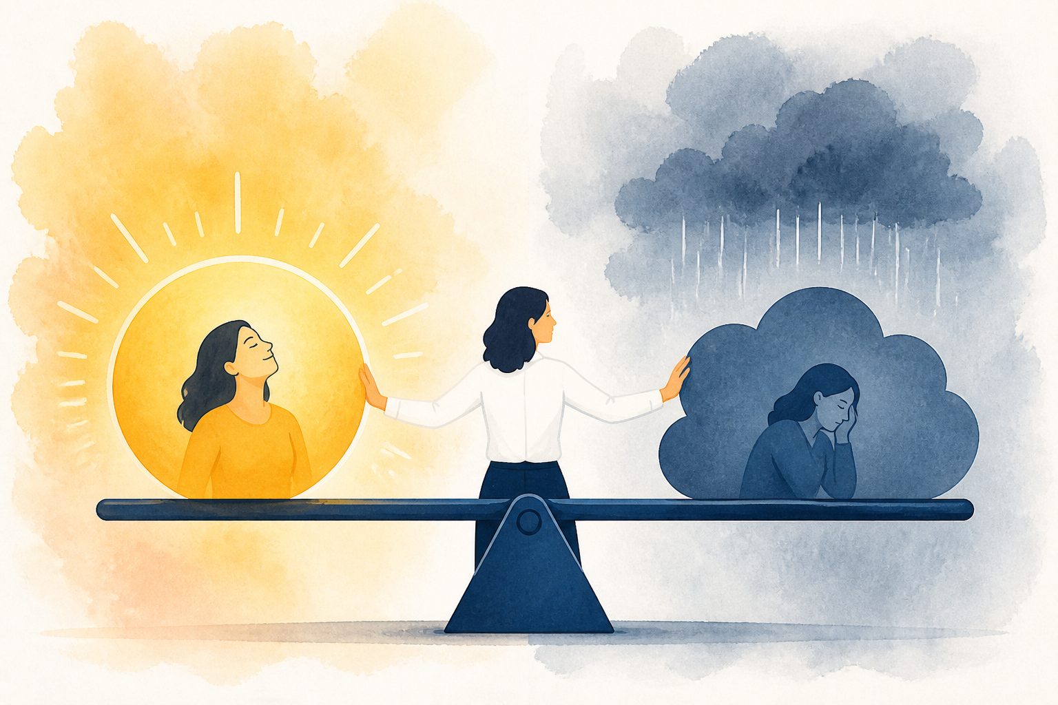 Abstract editorial illustration accompanying the article: Boosting or dampening positive feelings was linked to opposite emotional shifts