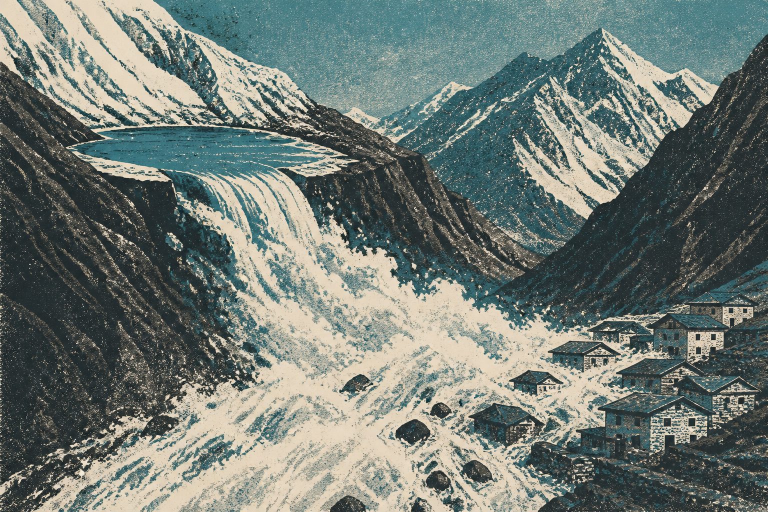 Abstract editorial illustration accompanying the article: A small glacial lake helped unleash a devastating flood in Nepal’s Thame Valley