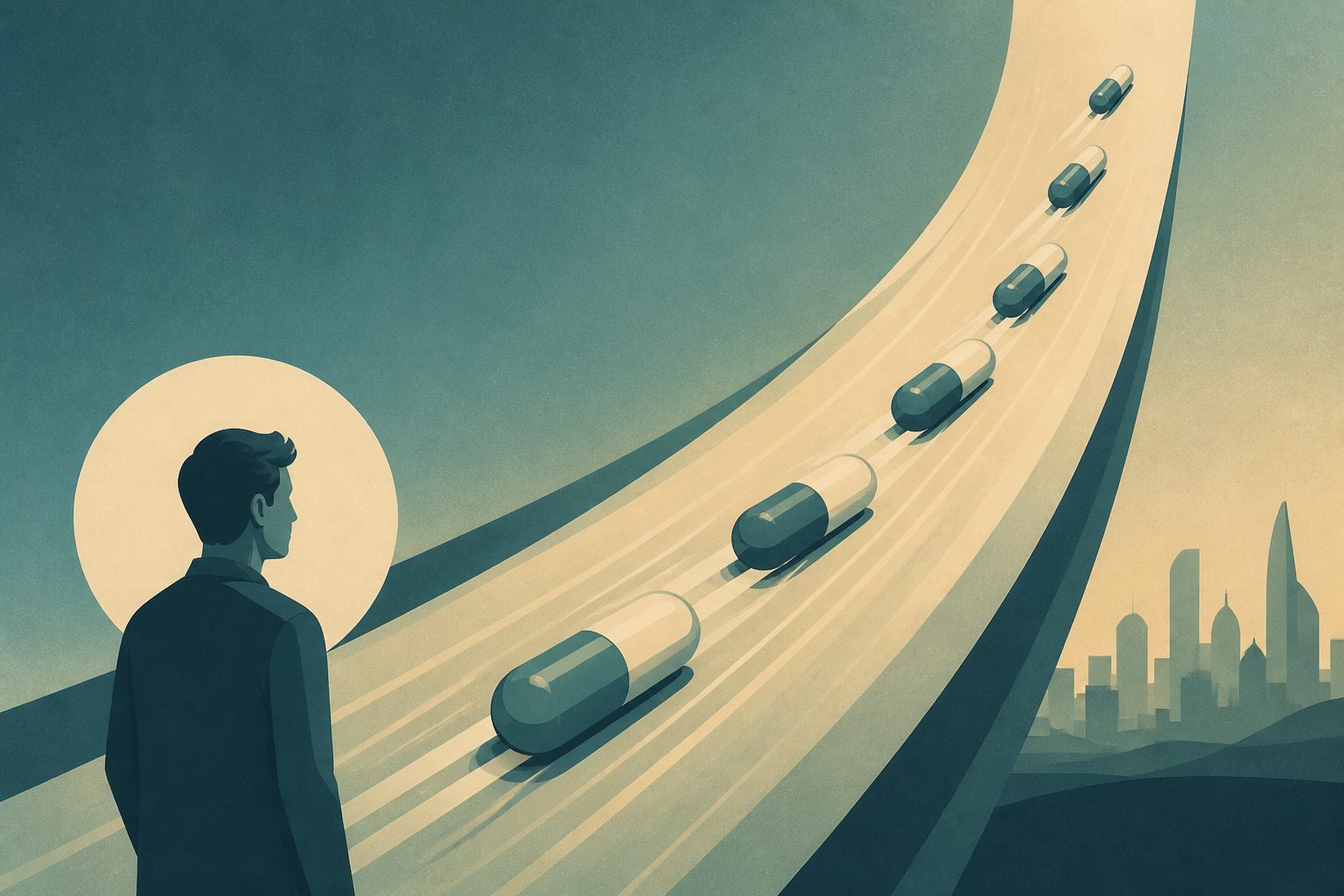 Abstract editorial illustration accompanying the article: UK records show faster rises in antidepressant prescribing for autistic adults