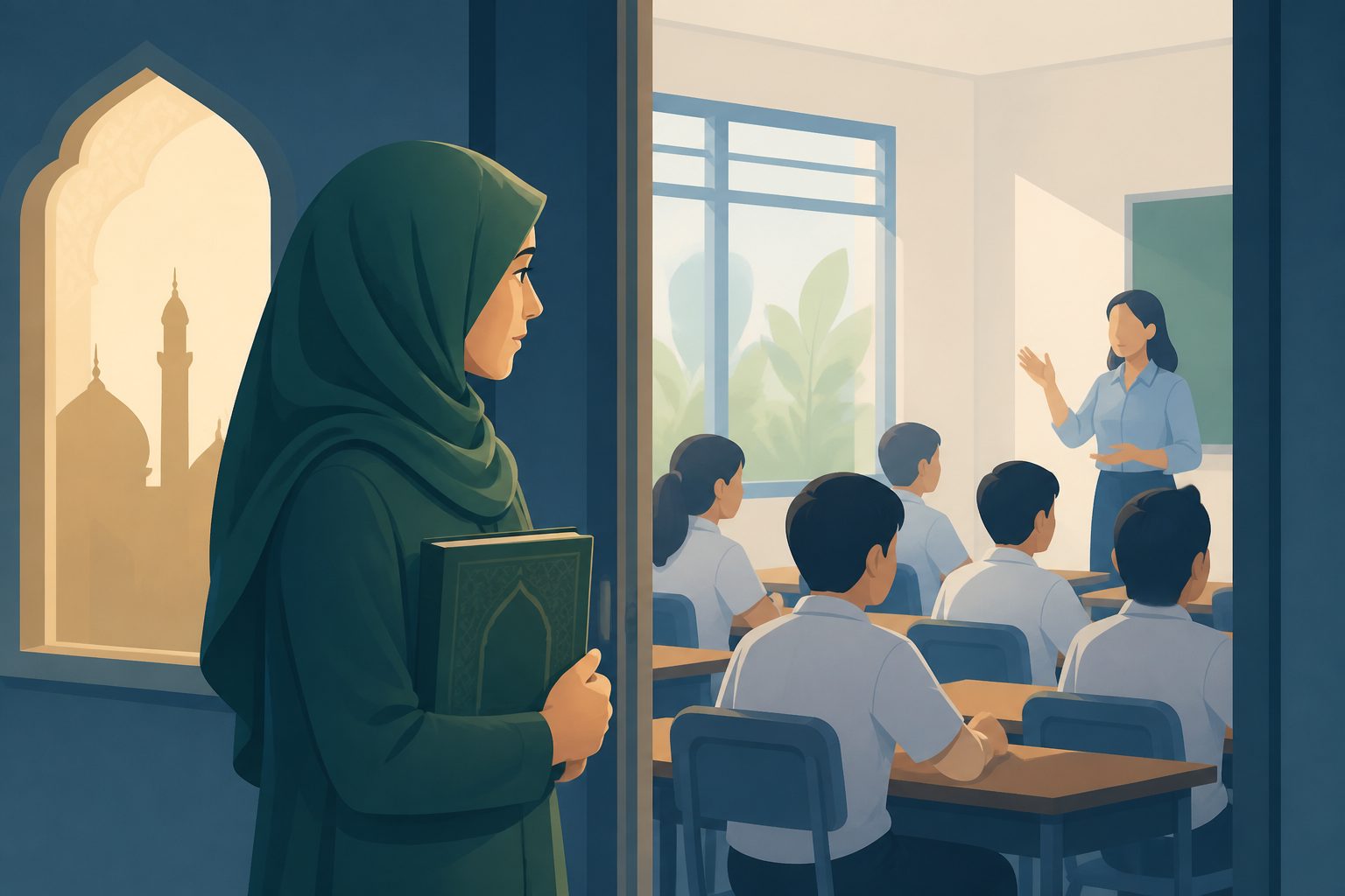 Abstract editorial illustration accompanying the article: Arabic-trained teachers in the Philippines face challenges in non-Arabic classrooms