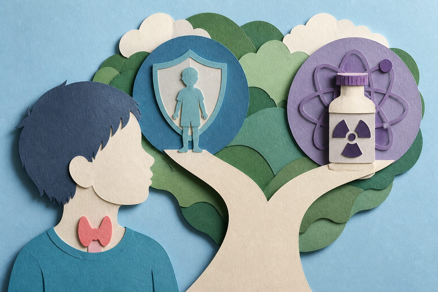 Abstract editorial illustration accompanying the article: Review examines when children with thyroid cancer may need radioactive iodine
