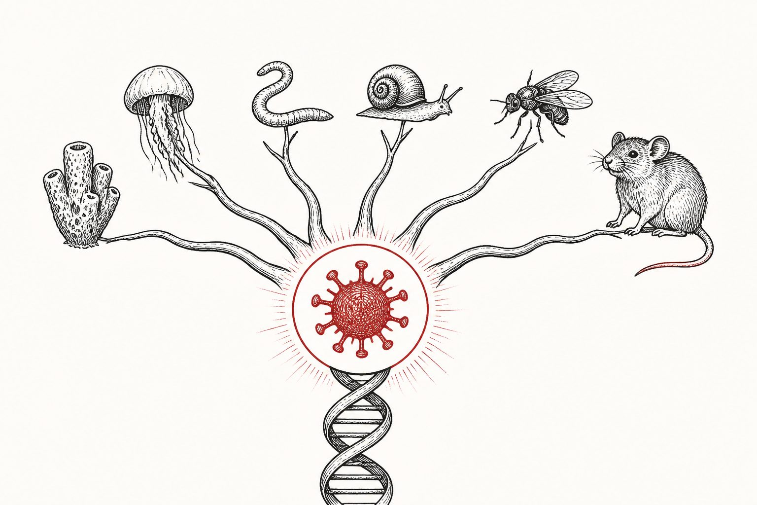 Abstract editorial illustration accompanying the article: Virus-like DNA elements in animals may predate the split of major animal groups