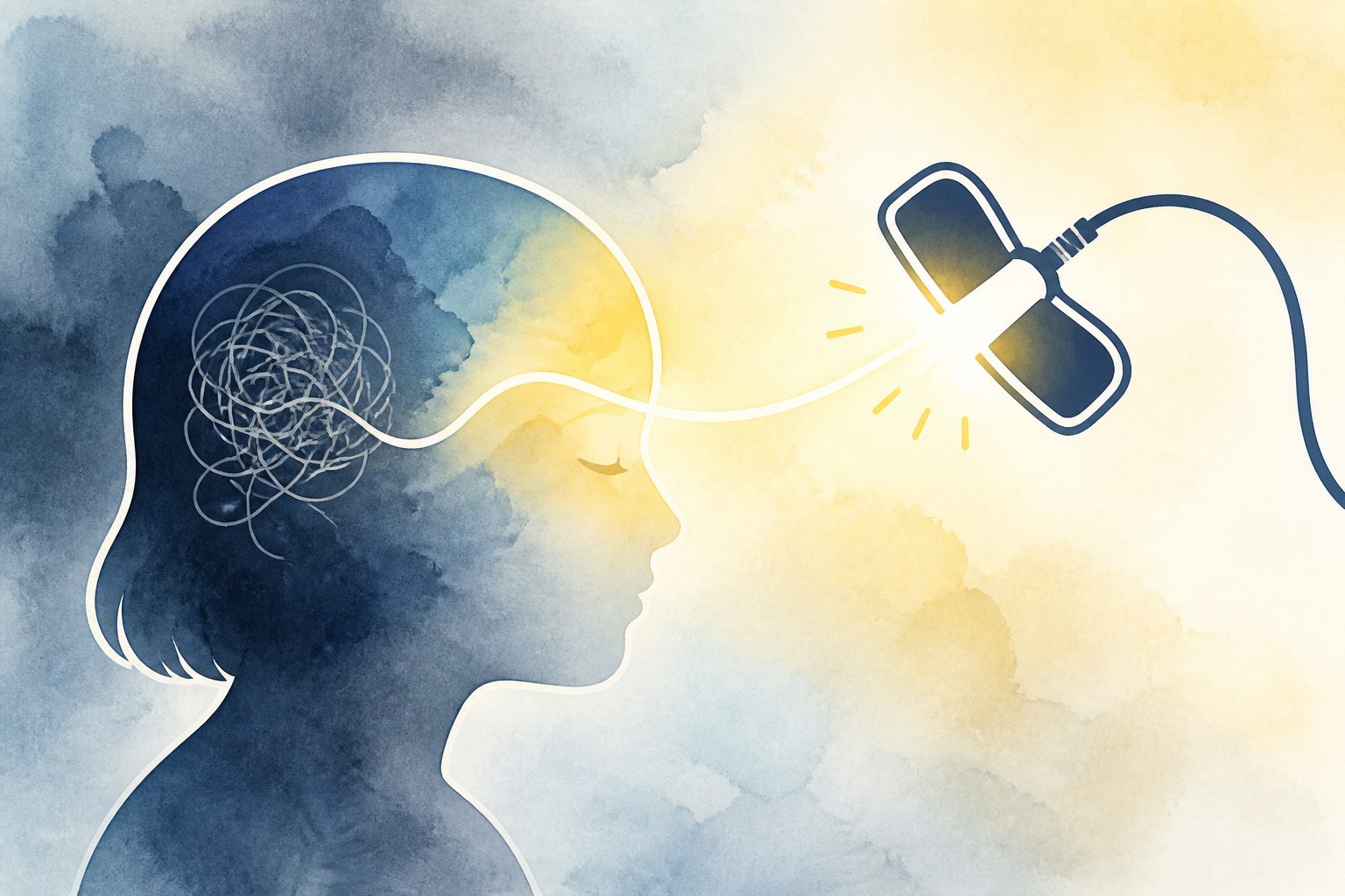 Abstract editorial illustration accompanying the article: Review links electroconvulsive therapy with fewer catatonia symptoms in Down syndrome regression disorder