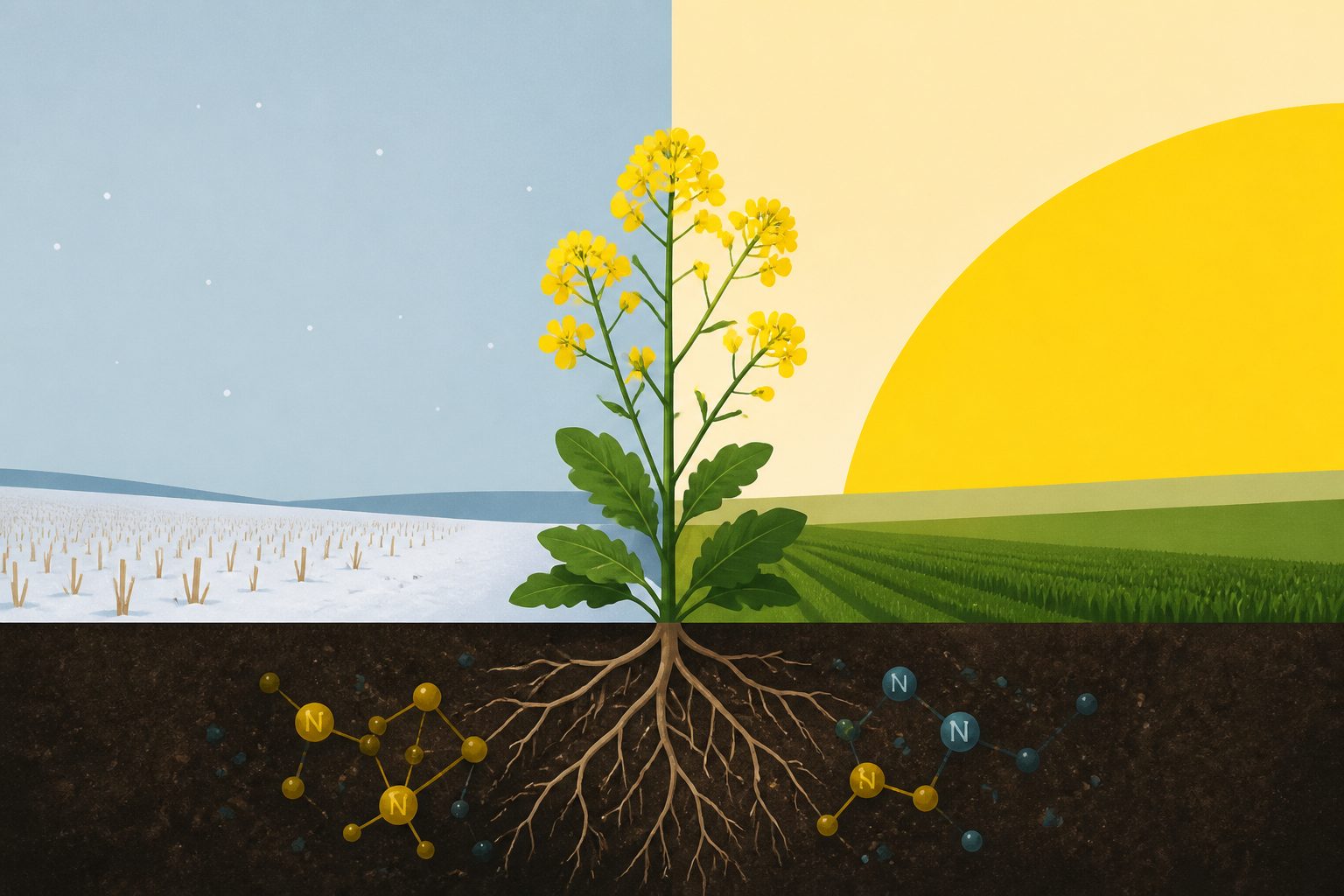 Abstract editorial illustration accompanying the article: Winter canola between crops linked to higher yields, healthier soil and more carbon