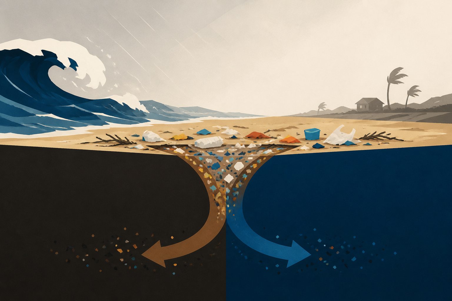 Abstract editorial illustration accompanying the article: Plastic pollution changed carbon and nitrogen flows after a coastal storm