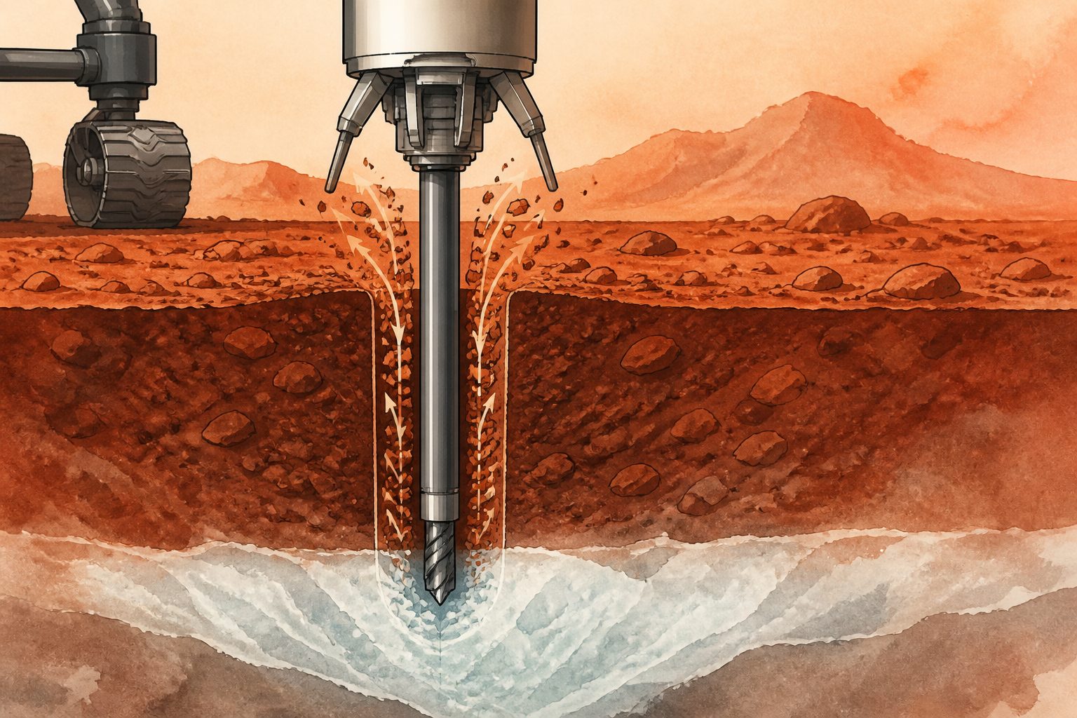 Abstract editorial illustration accompanying the article: Tests show how a Mars drill could clear rock chips to reach buried ice