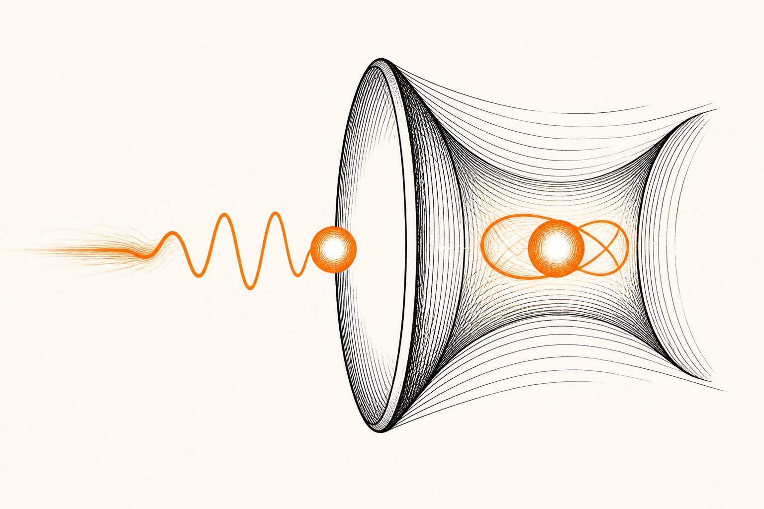 Abstract editorial illustration accompanying the article: A light-speed boundary could trap light in time and reshape single photons