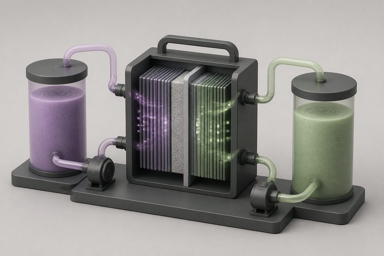 Abstract editorial illustration accompanying the article: Manganese flow battery stores 409% more and runs at 30 times the current