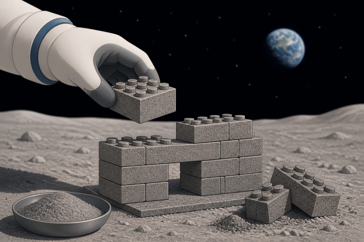 Abstract editorial illustration accompanying the article: Lunar soil simulants become Lego-like blocks for rearrangeable structures