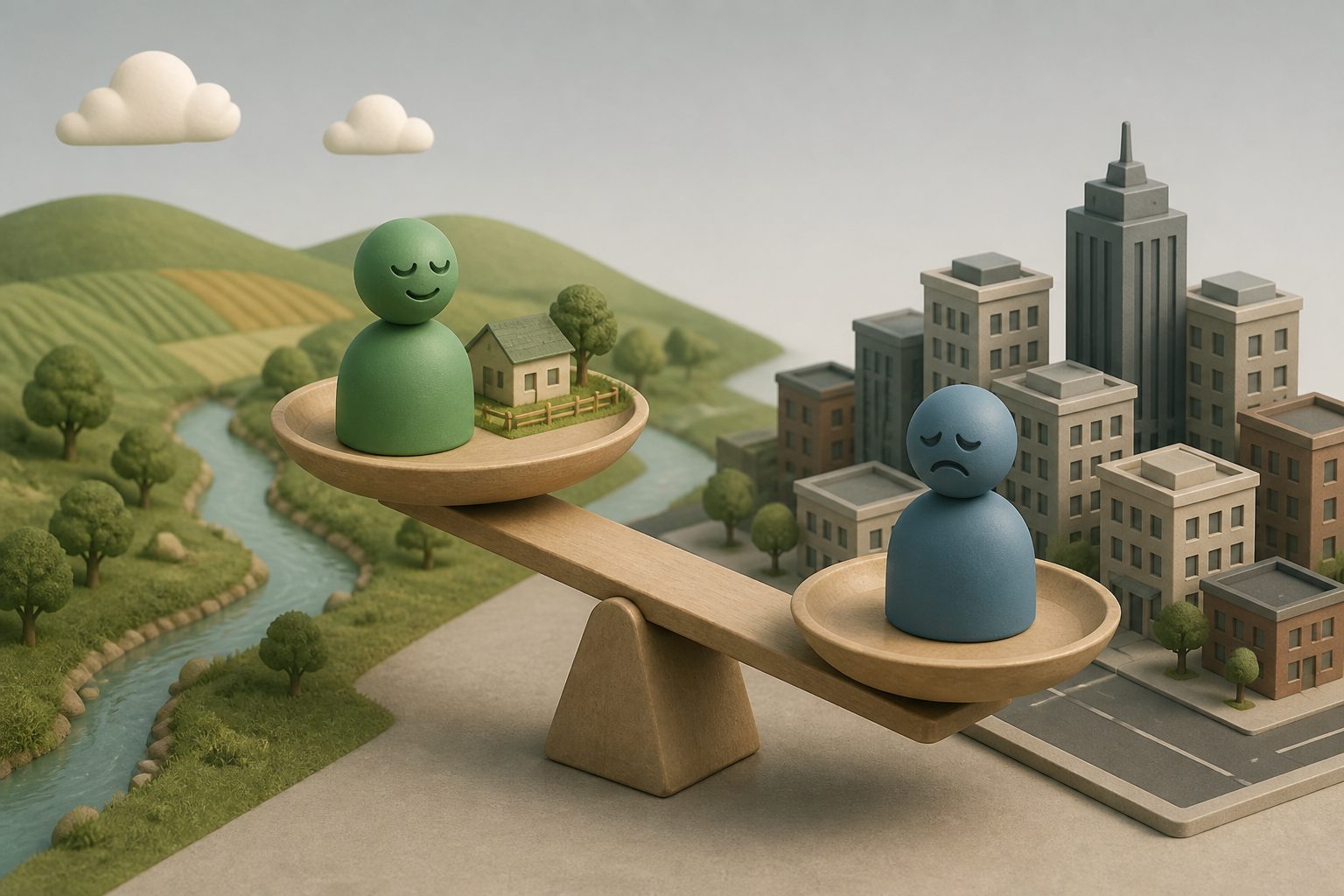 Abstract editorial illustration accompanying the article: Rural counties express more life satisfaction but less everyday happiness