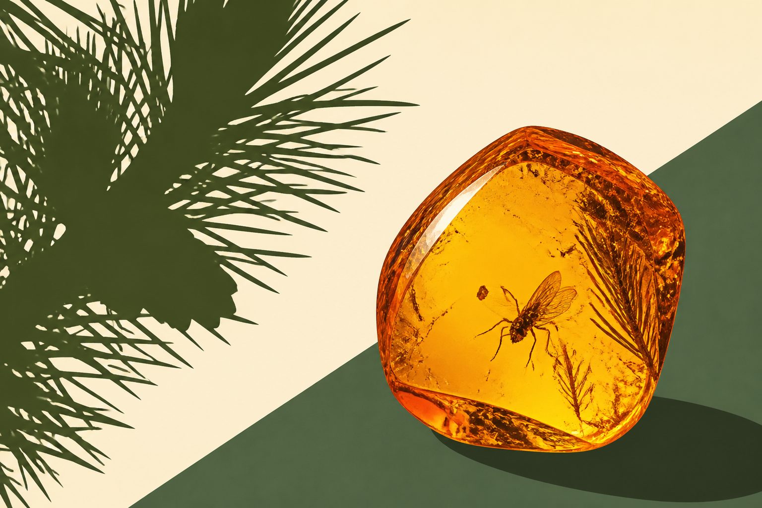 Abstract editorial illustration accompanying the article: Historic “Kolchedan amber” likely came from pine-family trees