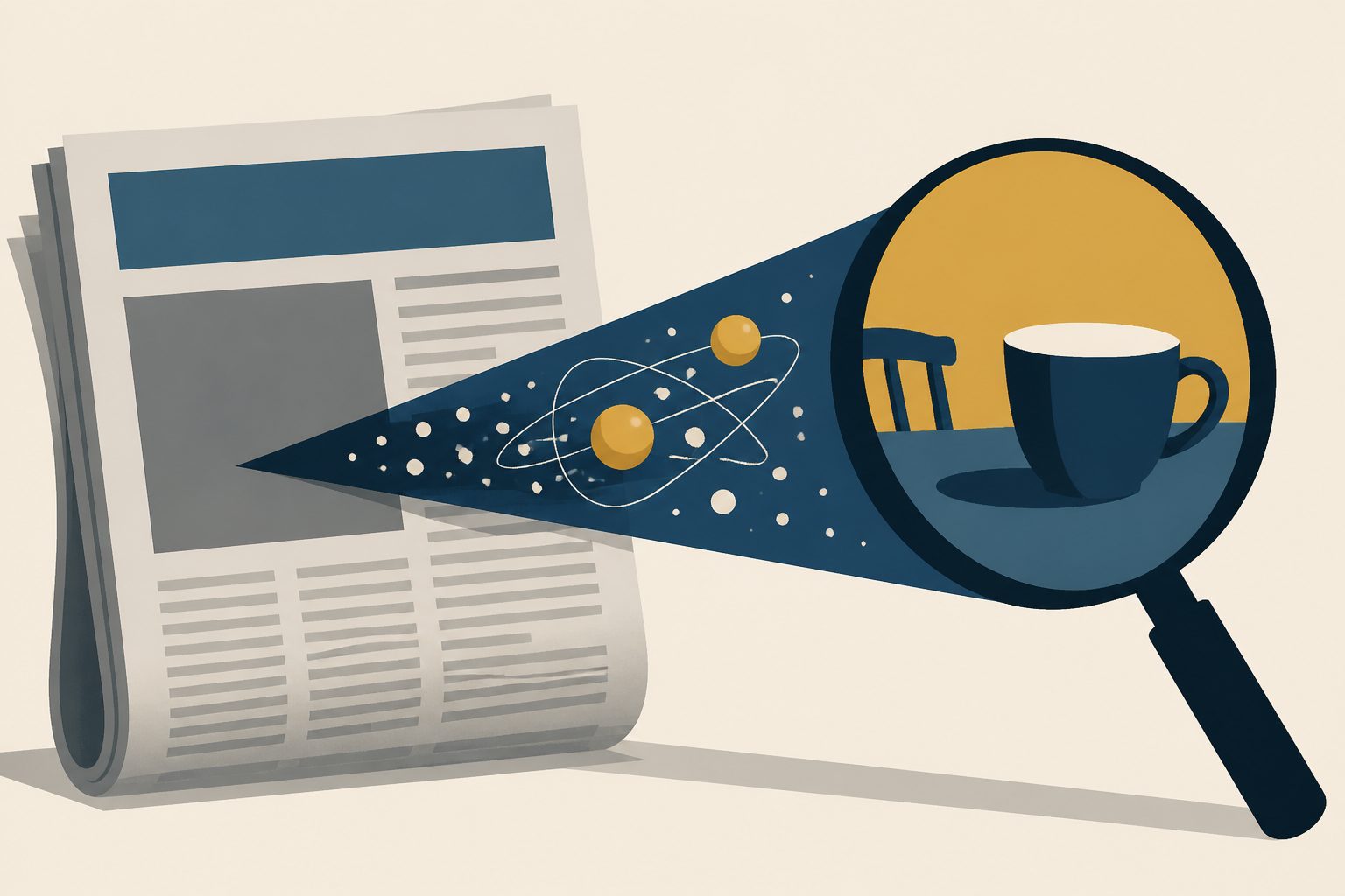 Abstract editorial illustration accompanying the article: Dutch newspapers described quantum ideas through 331 familiar metaphors