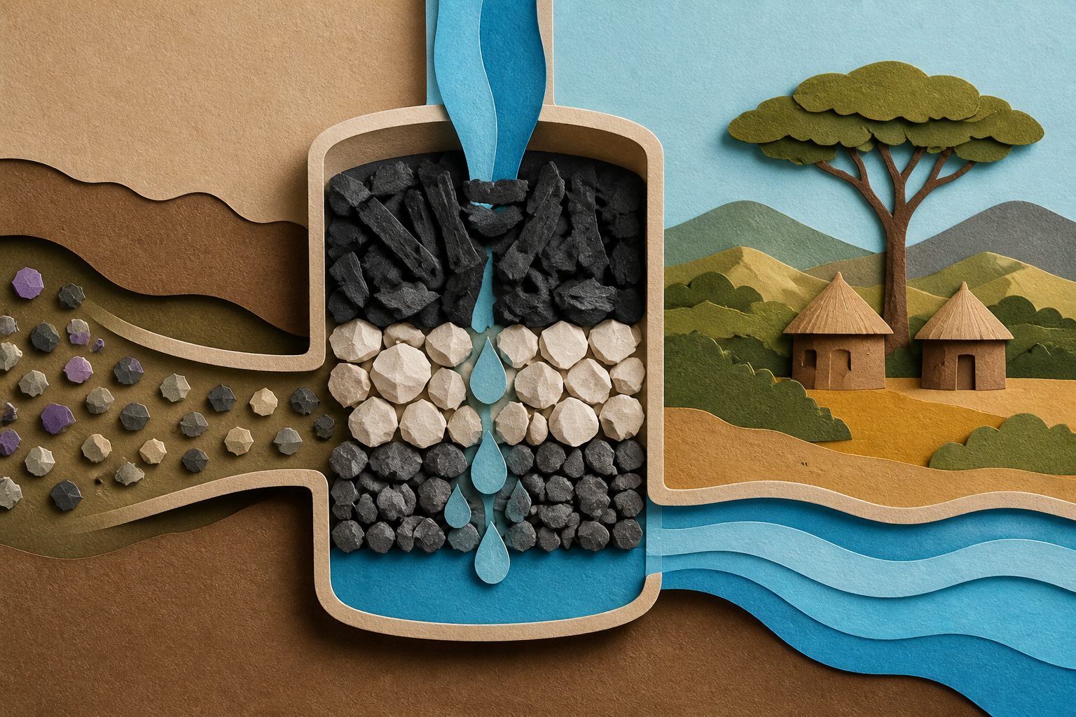 Abstract editorial illustration accompanying the article: Bone-char and mineral filter cuts high fluoride in Ethiopian groundwater