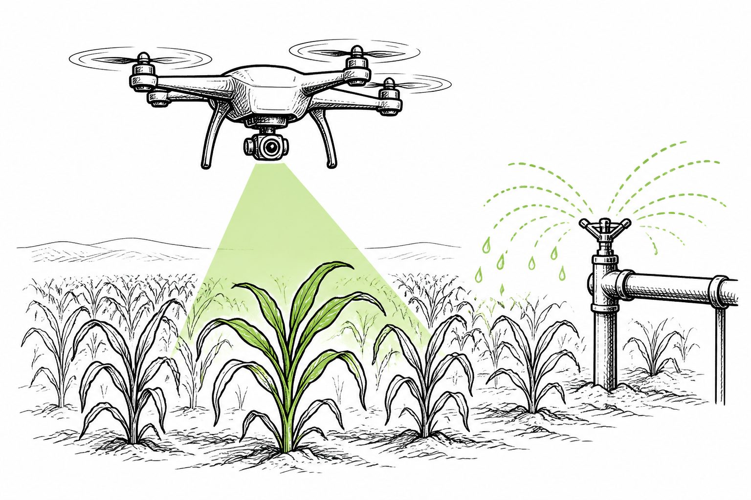 Abstract editorial illustration accompanying the article: Drones and AI predicted crop stress early and adjusted irrigation