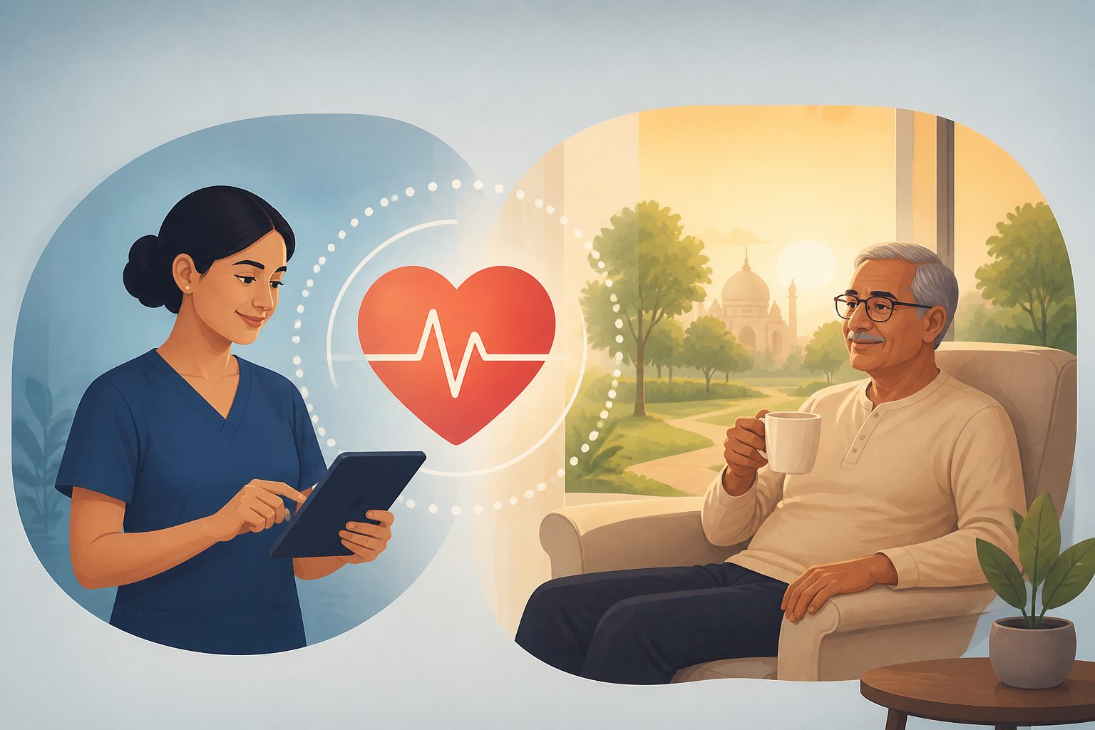 Abstract editorial illustration accompanying the article: Indian trial reports more time out of hospital with nurse-led digital care