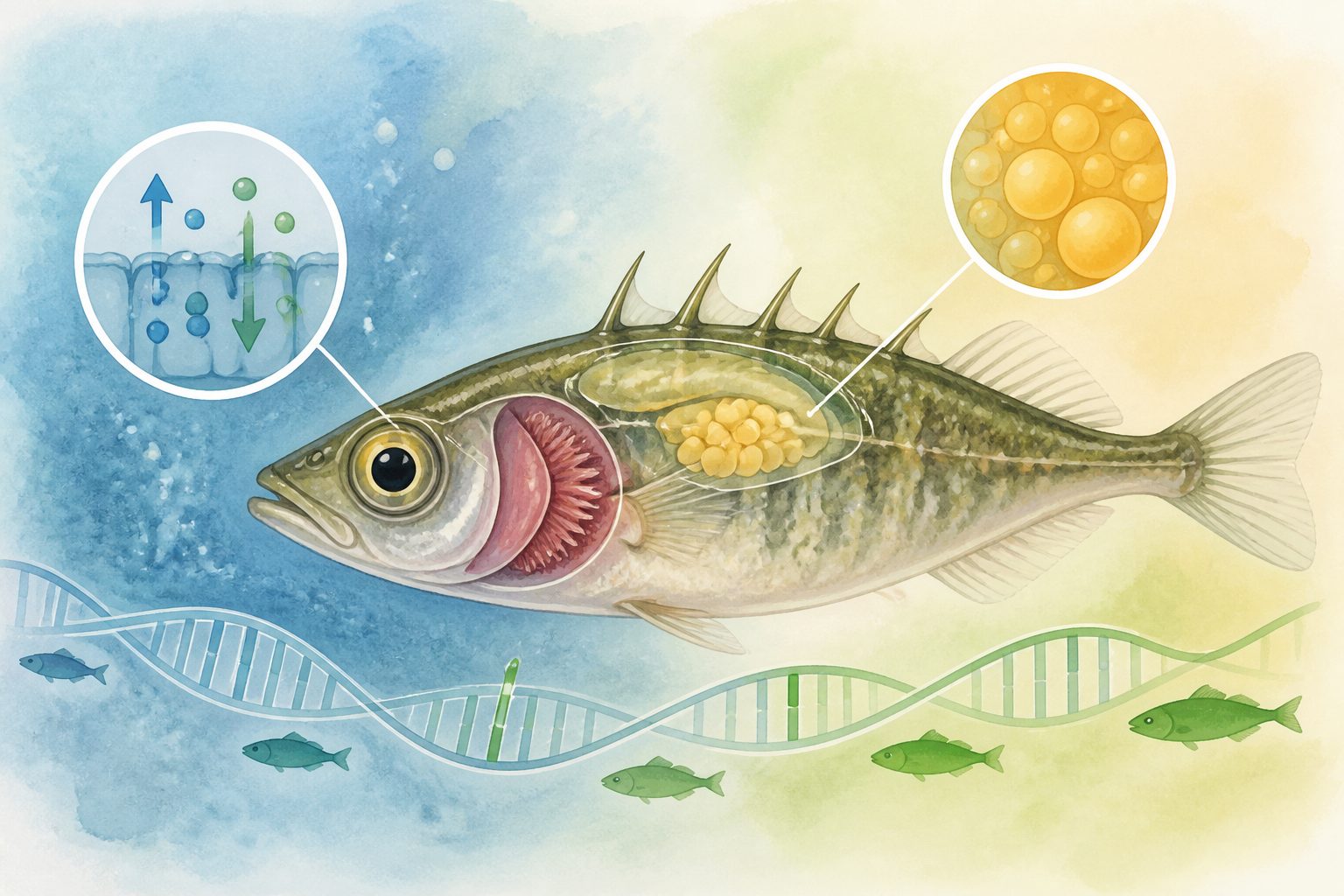 Abstract editorial illustration accompanying the article: Stickleback genes shaped by selection track gill ion control and brain fat use