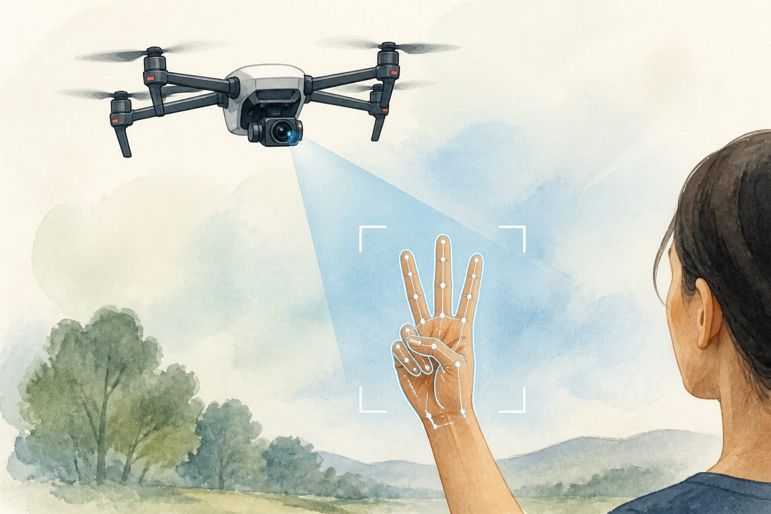 Abstract editorial illustration accompanying the article: A drone-mounted camera recognized American Sign Language in early tests