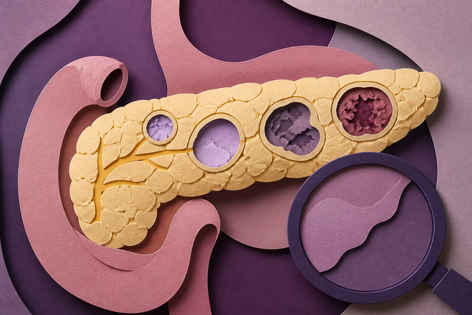 Abstract editorial illustration accompanying the article: Review examines how pancreatic cysts may signal different cancer risks